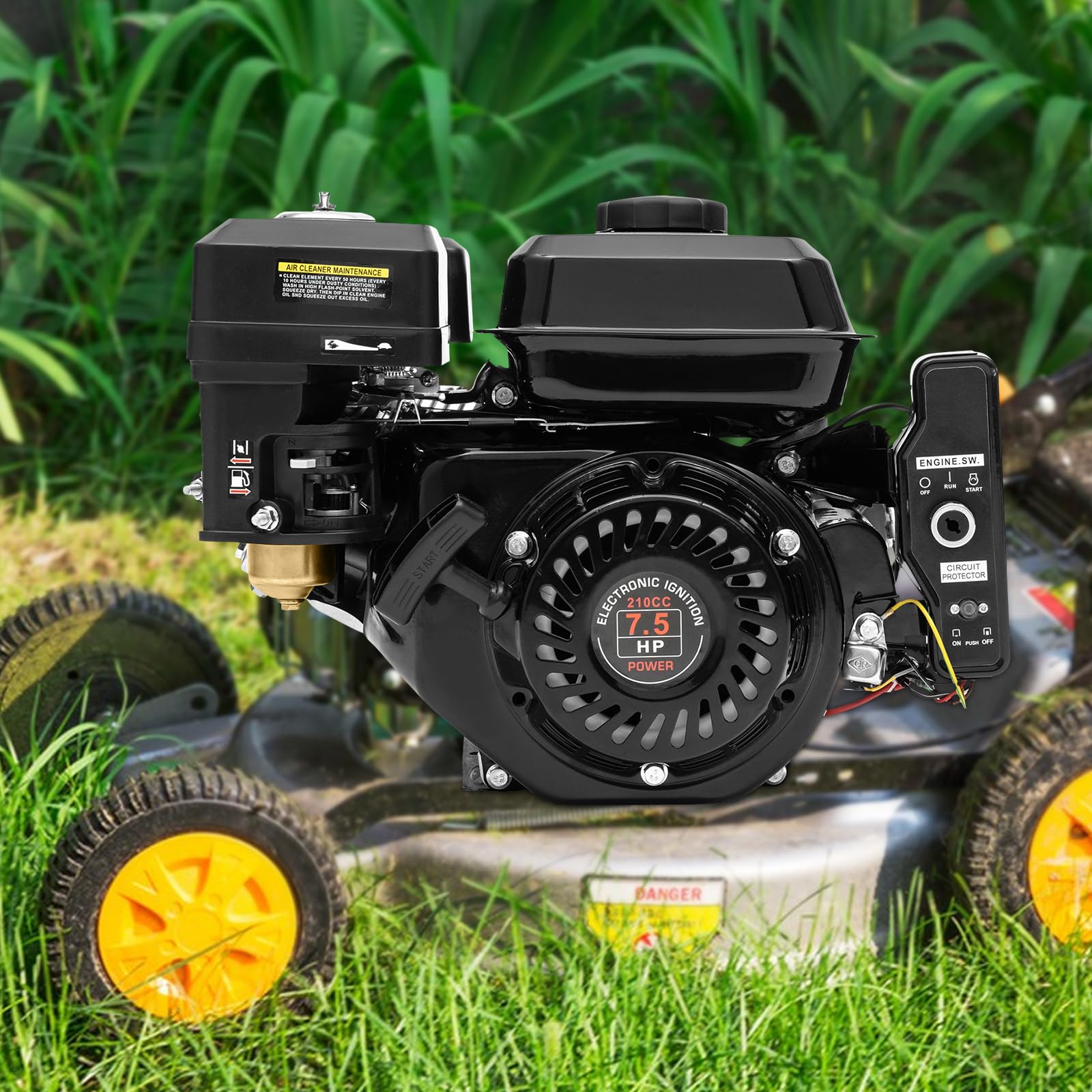 Motor de gasolina de 7,5 CV 210 cm³, motor de 4 tiempos, monocilindro, 3600 rpm, eje de 20 mm, arranque manual y eléctrico, refrigerado por aire, depósito de 3,6 L para kart, generador y compresor