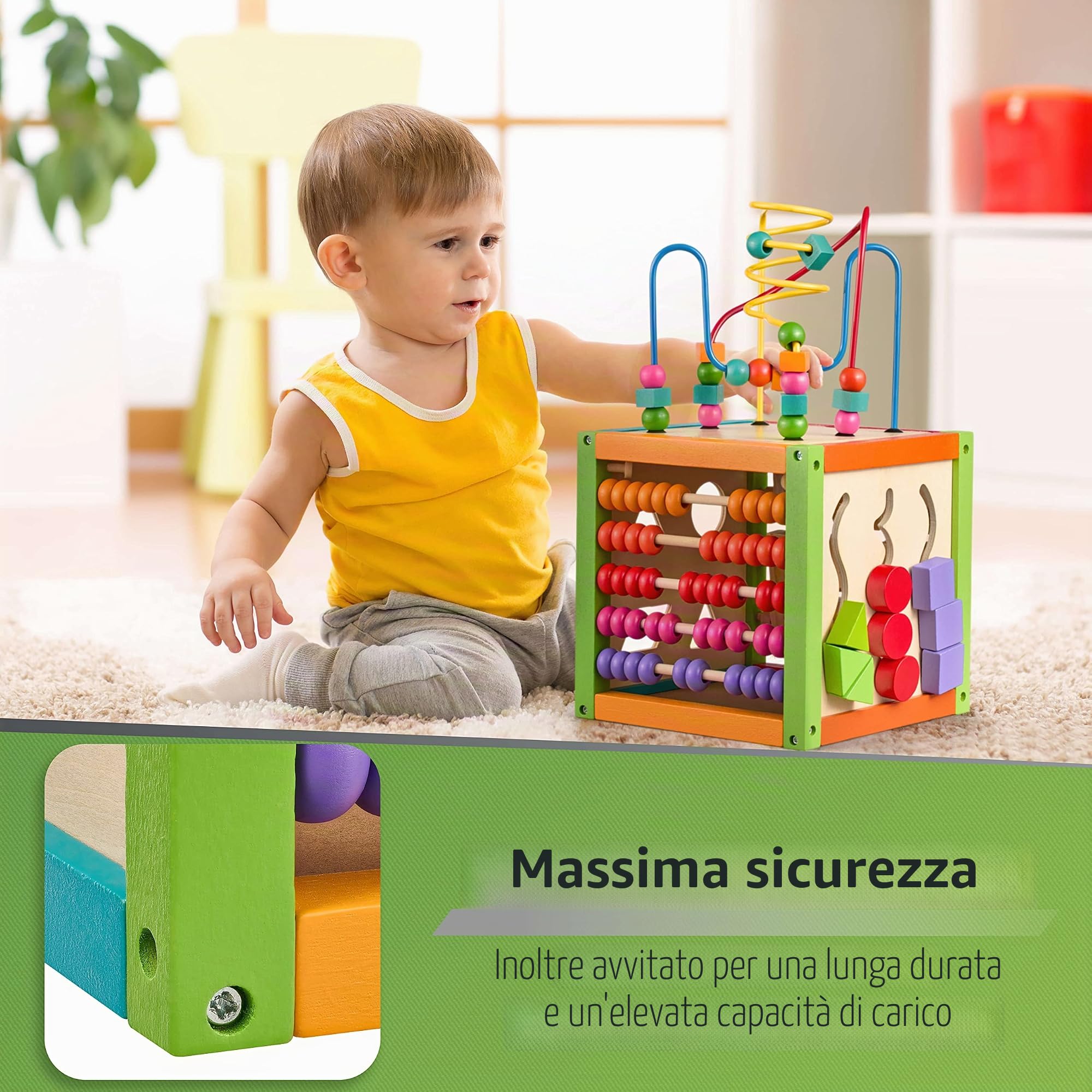 BALINCO Motor Cube, Cubo di attività per Bambini, 5 Lati con Labirinto di Perline, Abaco, Forme a pioli, Blocchi numerici, Labirinto Scorrevole, Giocattolo in Legno a Partire da 6 Mesi