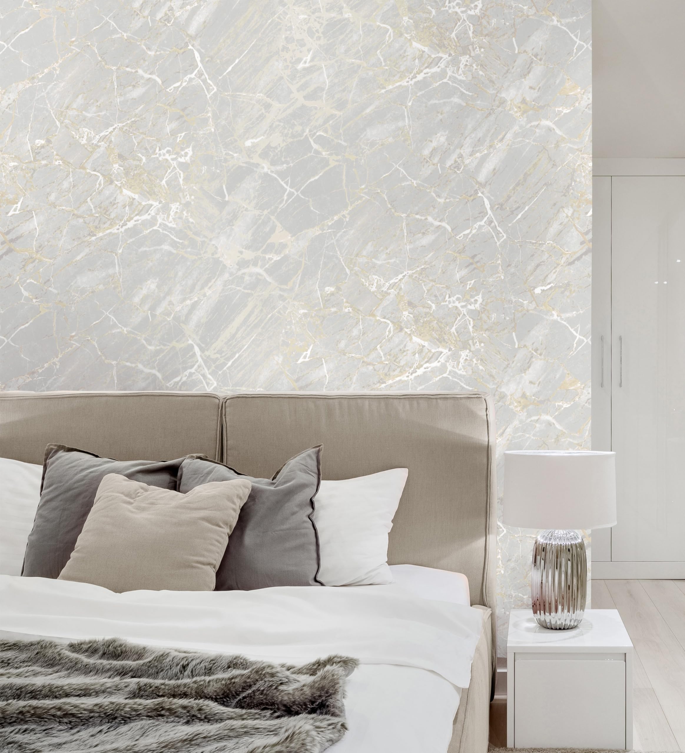 GAULAN 682383 - Papel pintado con efecto mármol gris claro con betas color champagne metalizado para pared salón dormitorio pasillo comedor - Rollo de 10 m x 0,52 m
