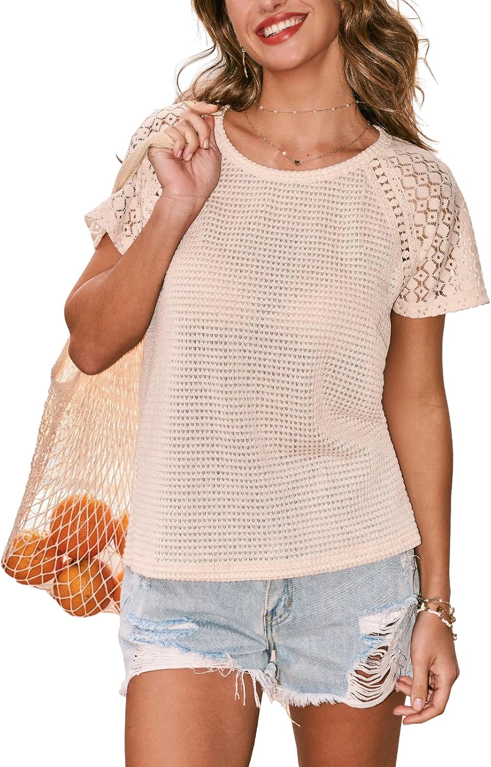 CUPSHE Women's Summer Tops 2026 Waffle Knit Short Sleeve T-Shirts Casual Crewneck Lace Hollow Out Blouses