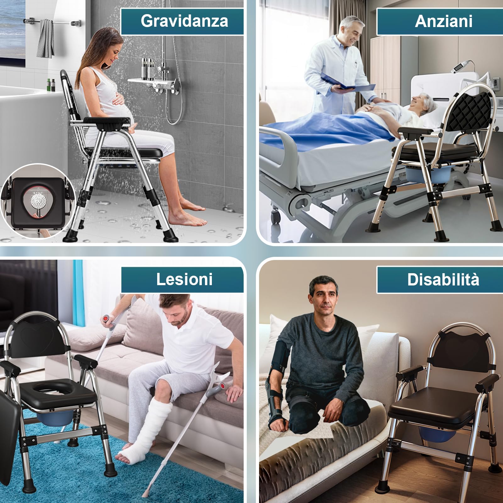 Sedia Comoda WC per Anziani Pieghevole, Regolabile in Altezza Sedia WC con Imbottito e Secchio Rimovibile, Antiscivolo Sedia per Doccia Portata Fino a 200 kg per Disabili, Donne in Gravidanza