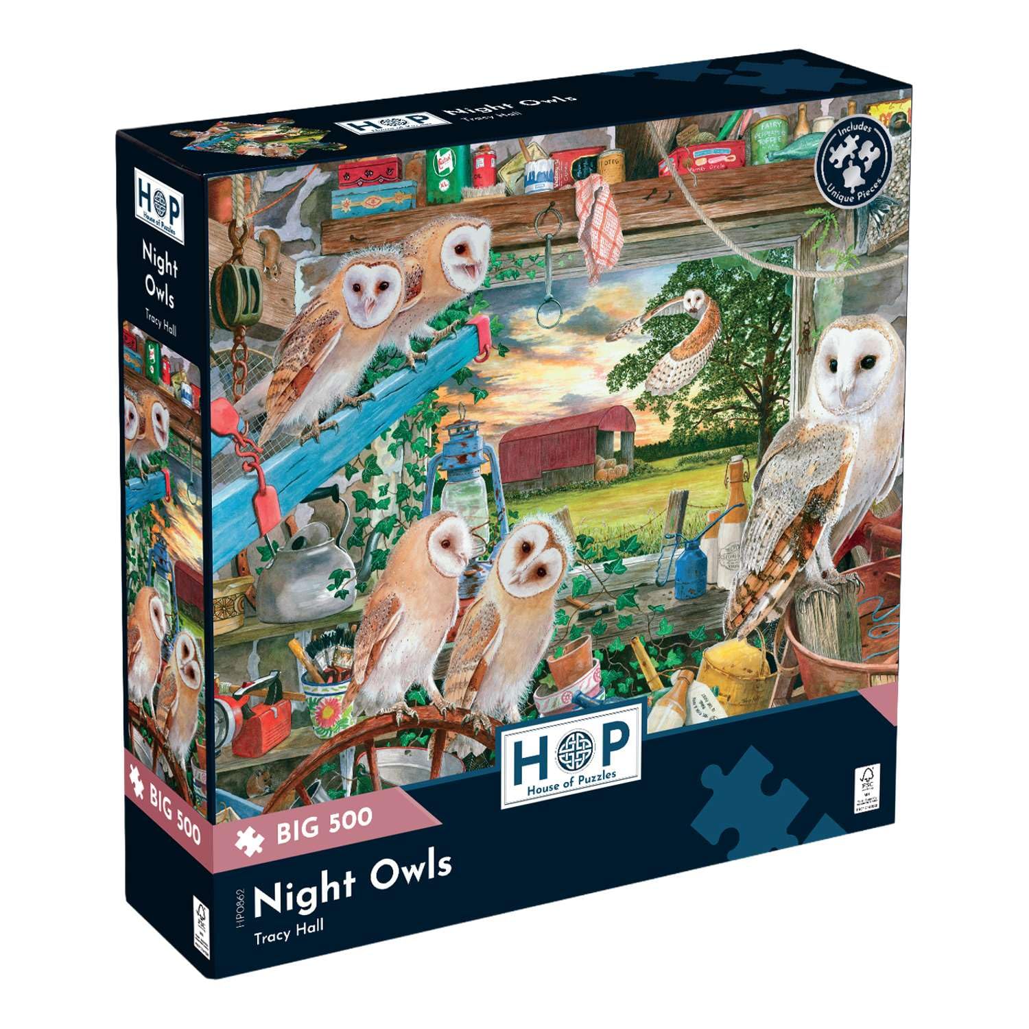 The House of Puzzles Night Owls BIG 500 Jigsaw Puzzle | Barn Owl Jigsaws
