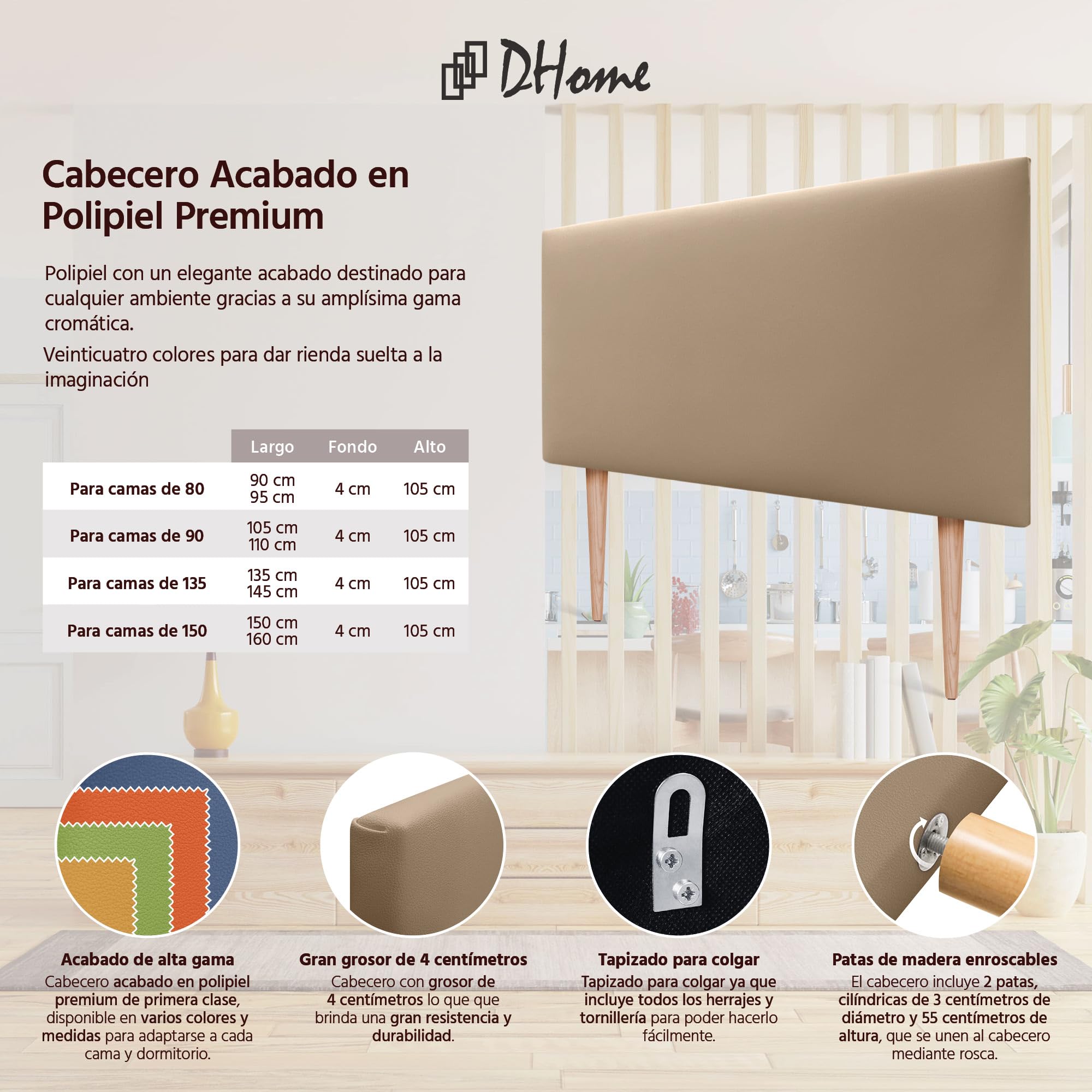 DHOME Cabecero de Polipiel o Tela AQUALINE Liso con Patas cabeceros Cabezal tapizado Cama Lujo (110x105cm con Patas (Camas 70/80/90), Polipiel Marrón Claro)