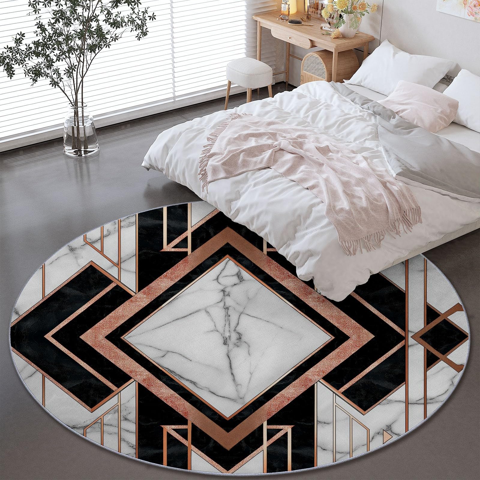 Teppich Rund 100 cm Waschbar rutschfest Teppiche Wohnzimmer, Modern Geometrisch Luxuriös Marmormuster Teppiche Kurzflor Mehrfarbig Weich Runder Teppich for Schlafzimmer Studie Büro