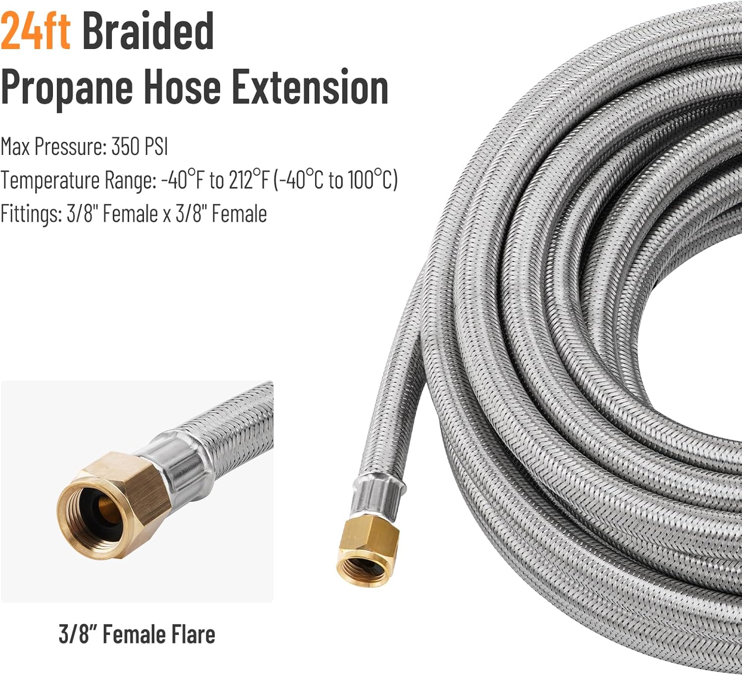 24Ft High Pressure Propane Hose Extension, 1LB Propane Tank Regulator Connection to 3/8" Female Flare Thread, Fittings with Conversion Coupling kit for BBQ Grill, Fire Pit, Heater