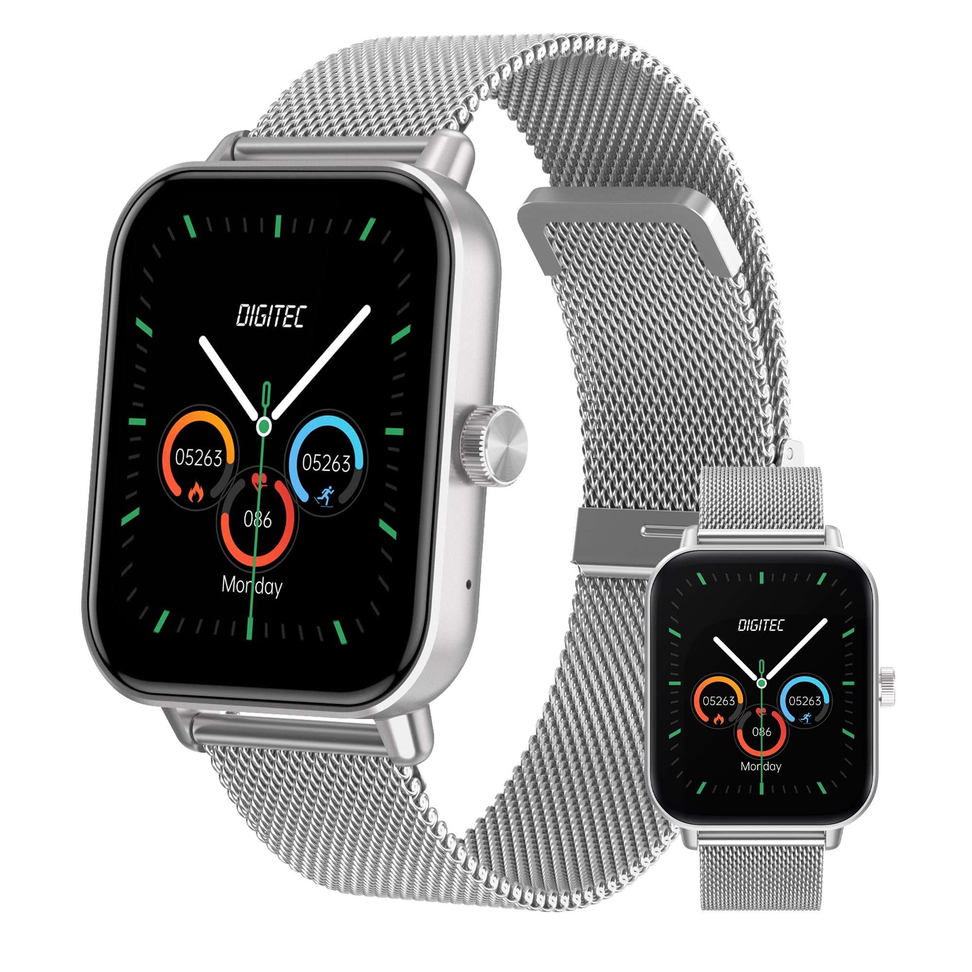Digitec Montre connectée Square argentée avec Bracelet en Acier Maille milanaise argentée, Homme Femme, Suivi activité et Sommeil