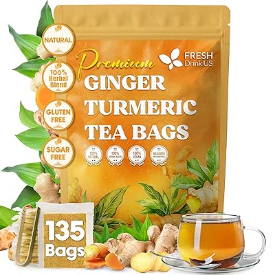 FreshDrinkUS, Premium 135 Turmeric Ginger Tea Bags, 100% Natural Ingredients, Hand-made Blend of Turmeric and Ginger Herbal Tea, Eco-conscious Tea Bags. No Sugar, No Caffeine, No Gluten, Vegan.