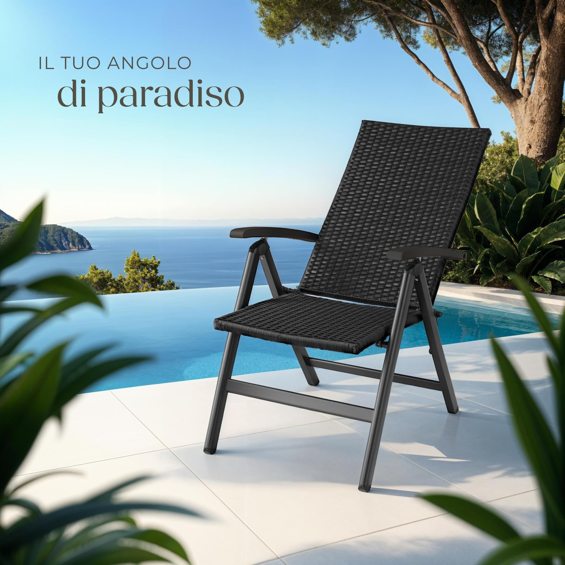Poltrona da Giardino in Poly Rattan Regolabile Pieghevole Resistente alle Intemperie Carico Max 120 kg Nero