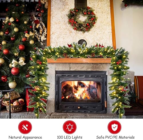 Miniatura 6 de Goplus Guirnalda de Navidad preiluminada de 9 pies con 100 luces LED, temporizador, conos de pino y bayas rojas, para fiestas de boda y festividades