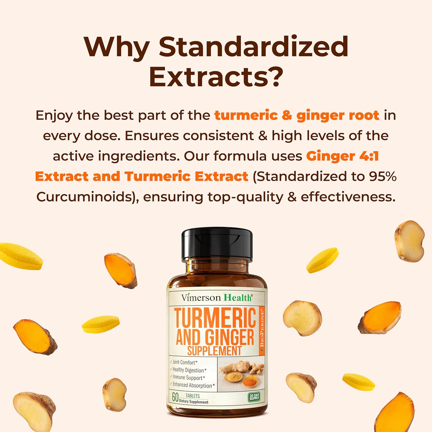 Turmeric and Ginger Supplement with Black Pepper for Joint Support, Digestive & Gut Health - Contains Organic Turmeric with Ginger Root Supplement and BioPerine for Enhanced Absorption - 60 Tablets