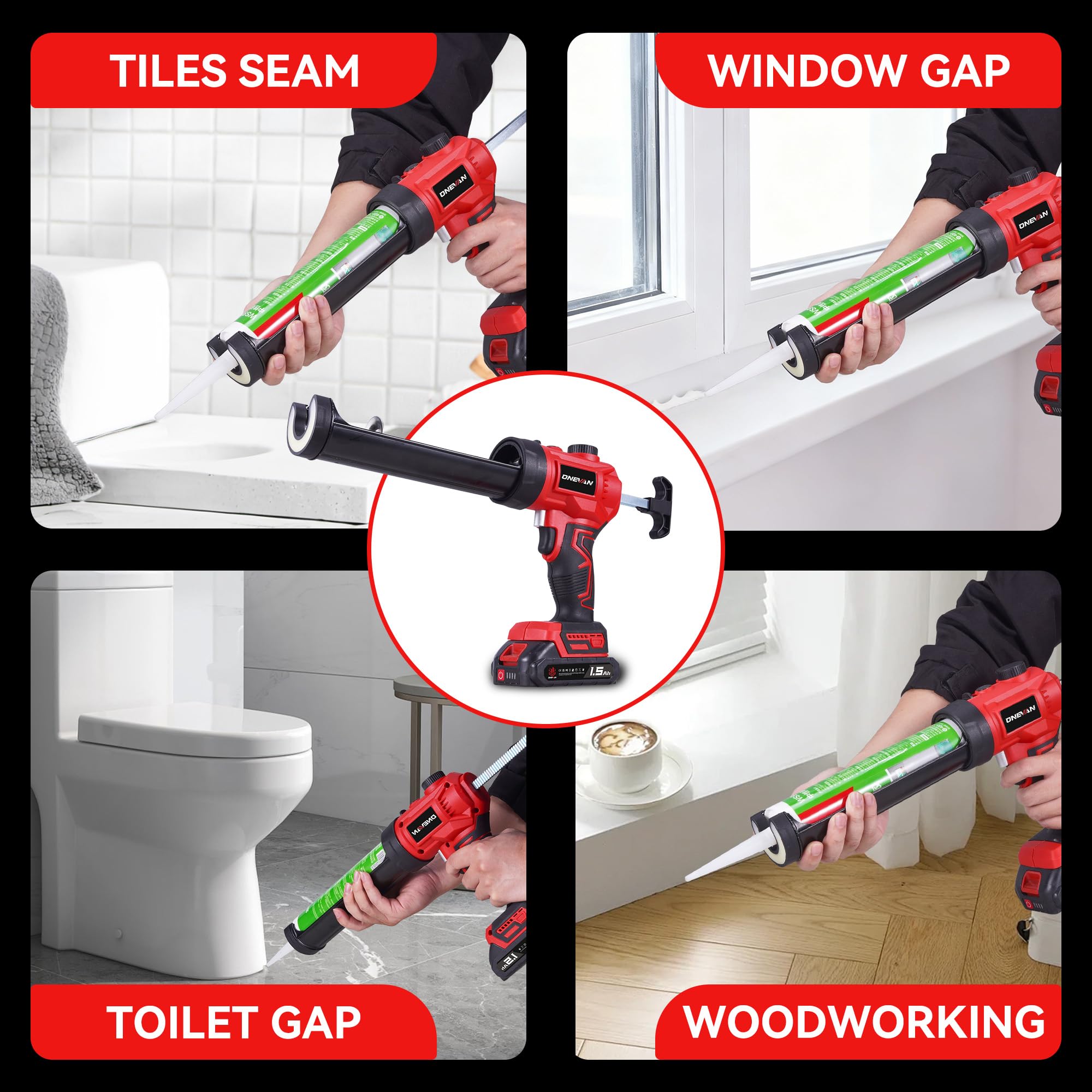 ONEVAN Pistolet à Cartouche sans Fil, Pistolet à Silicone Électrique 300ml, Contrôle de Vitesse Variable & Lampe LED, 24 Buses, 2x1,5Ah Batteries, pour Travaux d'Étanchéité, Mastics (Rouge)