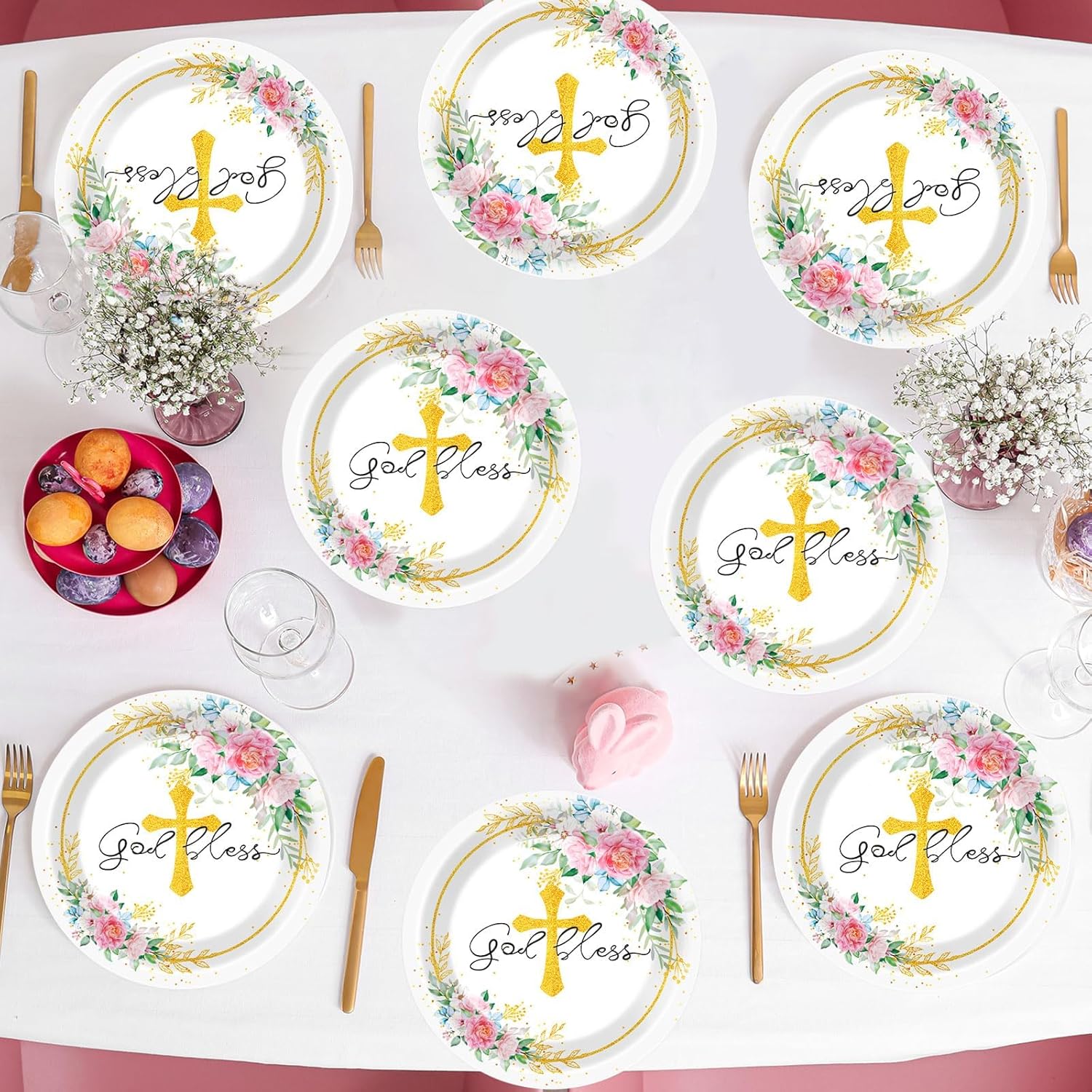 Naozinebi 48PCS Baptism Plates God Bless Baptism Party Decorations First Holy Communion Pink Floral Tableware Mi Bautizo Disposable Paper Plate for Christening Ceremony Newborn Religious Favor 7inch
