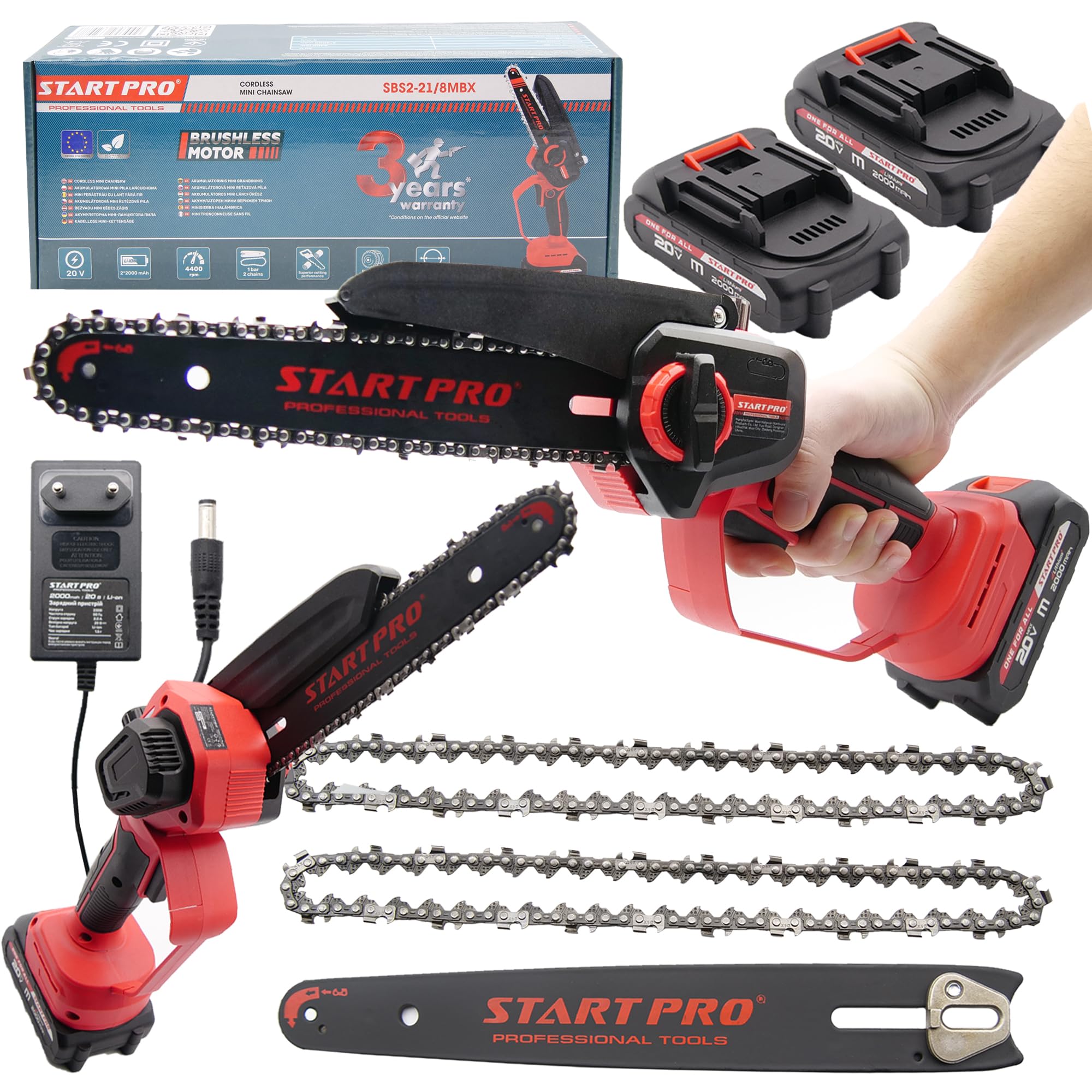 Mini piła łańcuchowa akumulatorowa 8 cali StartPro SBS2-21/8MBX, elektryczna piła łańcuchowa z 2 akumulatorami 2,0 Ah i ładowarką, 2 łańcuchy, ręczna piła łańcuchowa do cięcia drzew, gałęzi, drewna