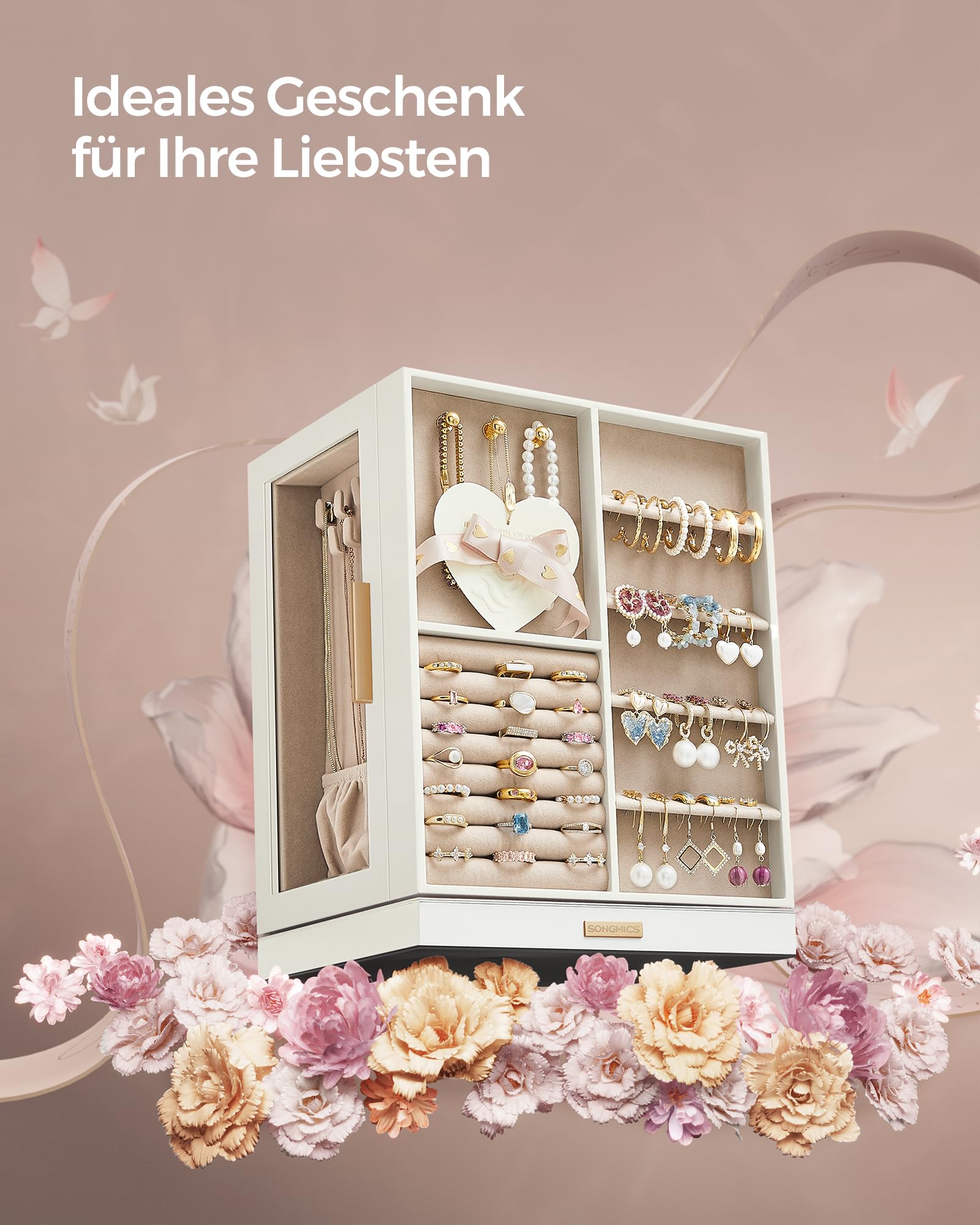 SONGMICS GISELLA Kollektion - Schmuckkästchen 360° drehbar, Schmuckkasten 5 Schubladen, seitliche Glasfenster, geräumig, vertikale Schmuckaufbewahrung, offen, Geschenkidee, wolkenweiß JBC170W01