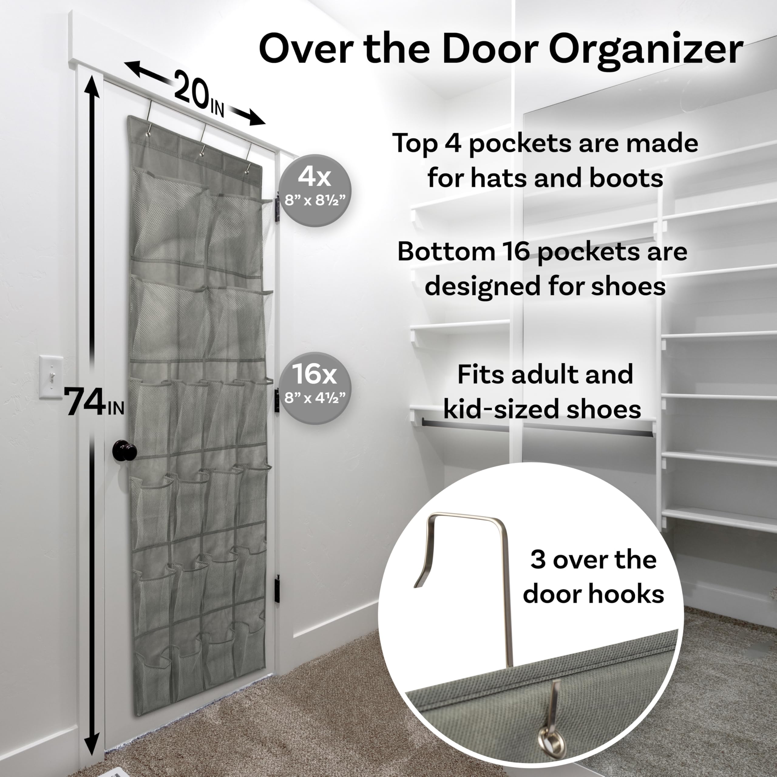 CK Sellers Hanging Shoe and Hat Rack Organizer, 20 Pocket, Door Shoe Organizer, Door Hat Organizer, Mesh, Gray