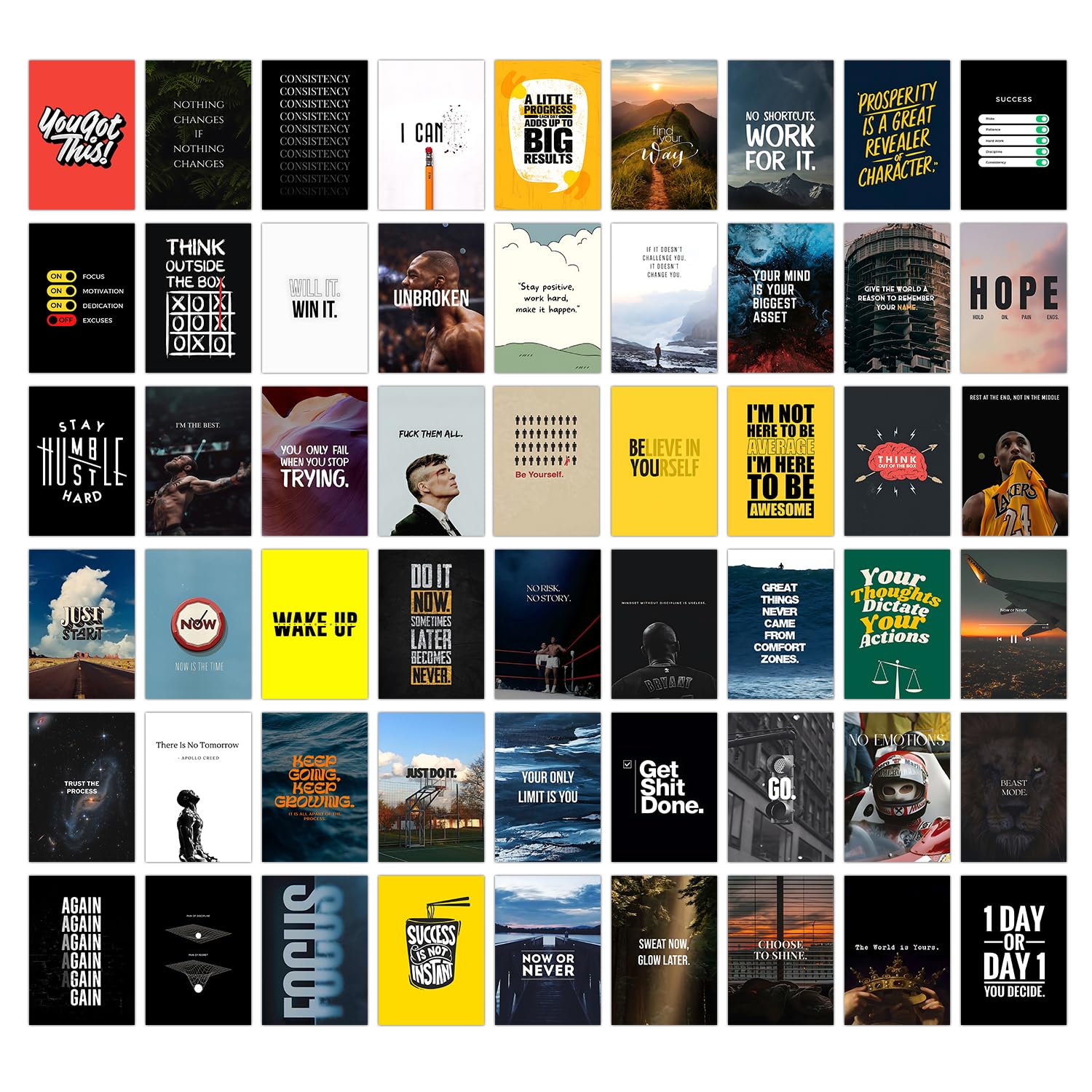 Wallgasm Paper Motivational Posters Set - 54 Pieces, 4 X 6 Inches | Hustle and Trading Designs for Room, Livingroom, Gym, Office