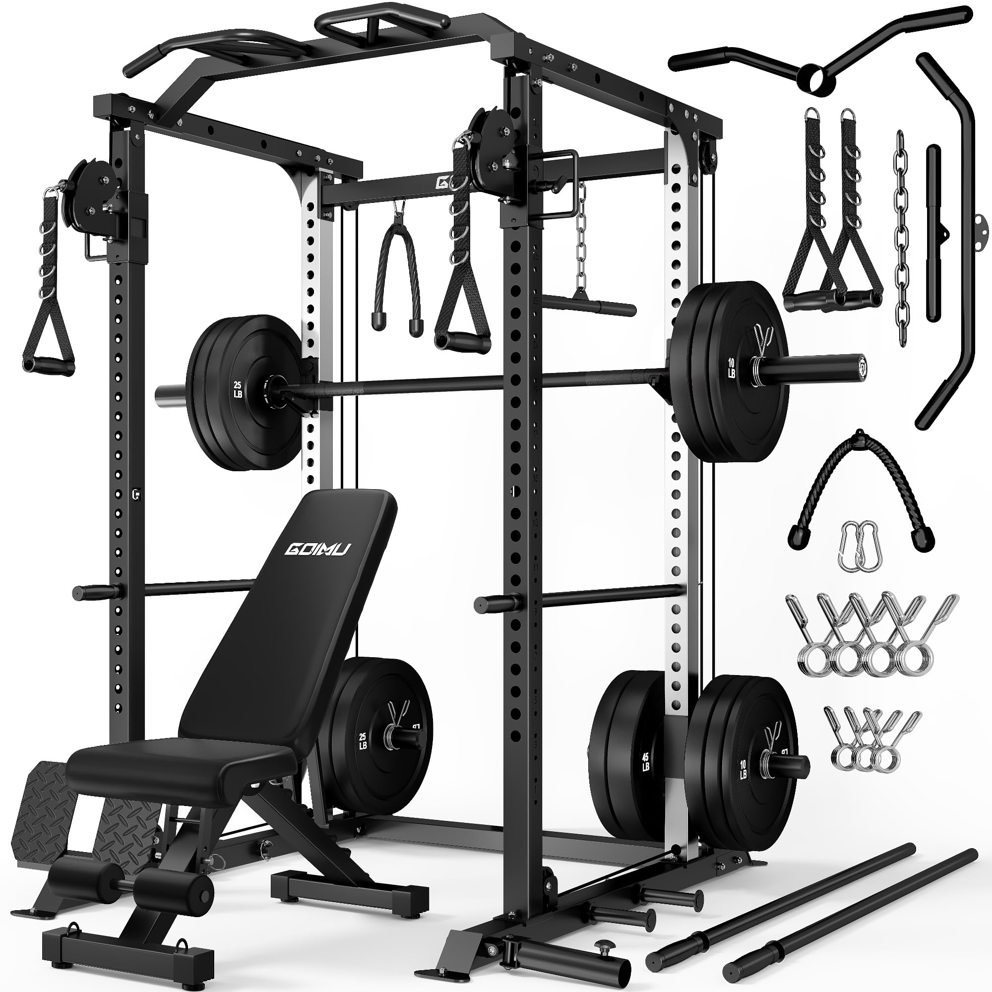 DP01 Power Cage, 2000LBS Squat Rack with Cable Crossover and Dual Independent Pulley System, Full Cage for Full Body Training, Power Rack with More Training Attachments for Home Gym