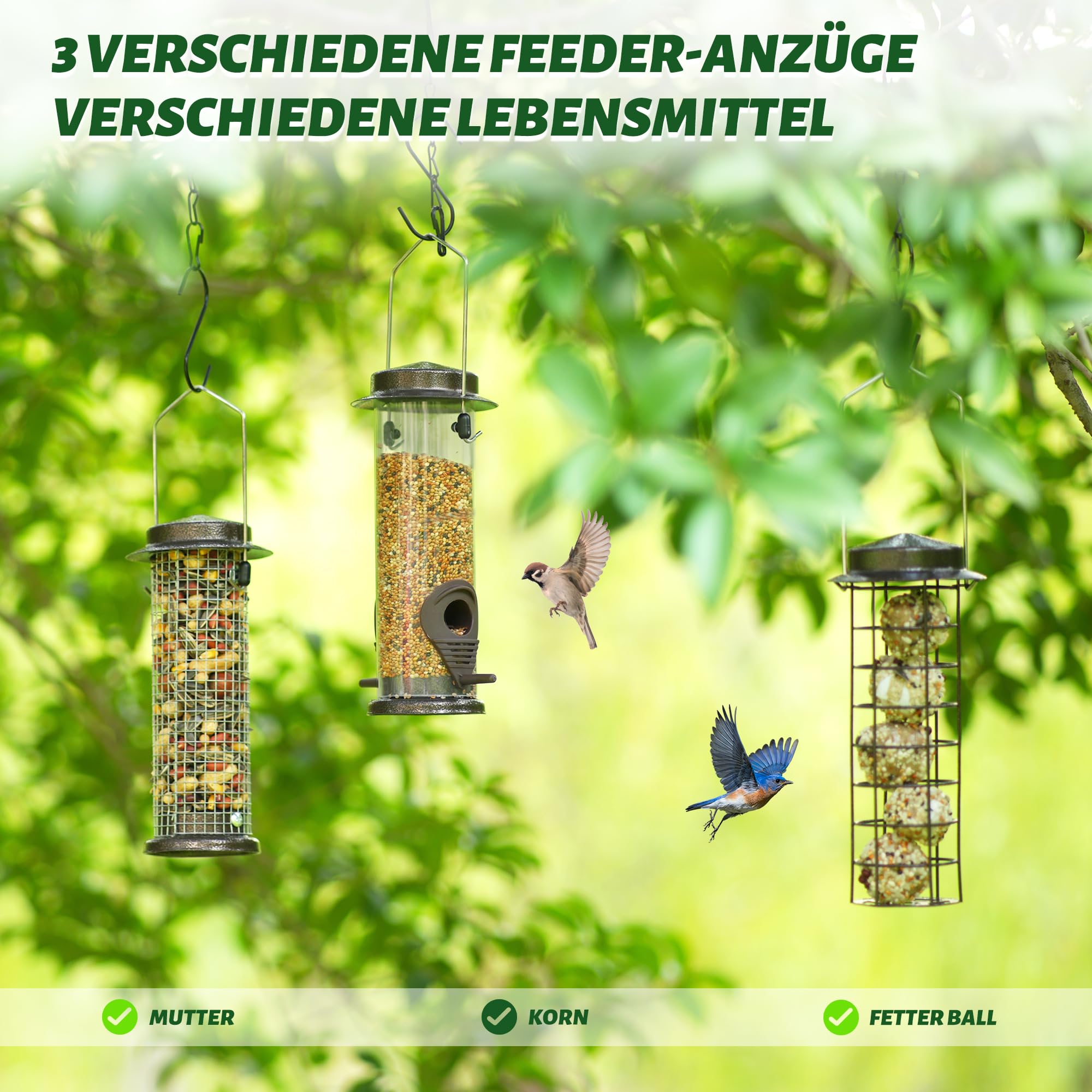Urban Deco 3er Set Vogelfutterspender zum Aufhängen, Robust Metall Vogelfutterhaus für Vögel, Leicht zu reinigen und nachzufüllen (braun-3pk)