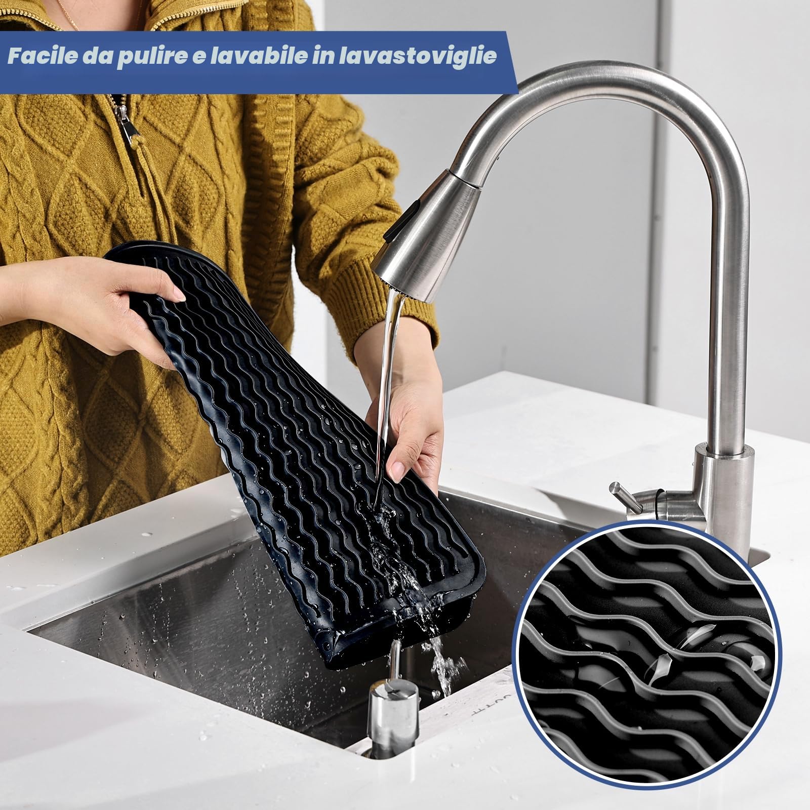 KitchenRaku Tappetino scolapiatti 30x40cm Resistente al calore Sottobicchieri silicone antiscivolo Nero