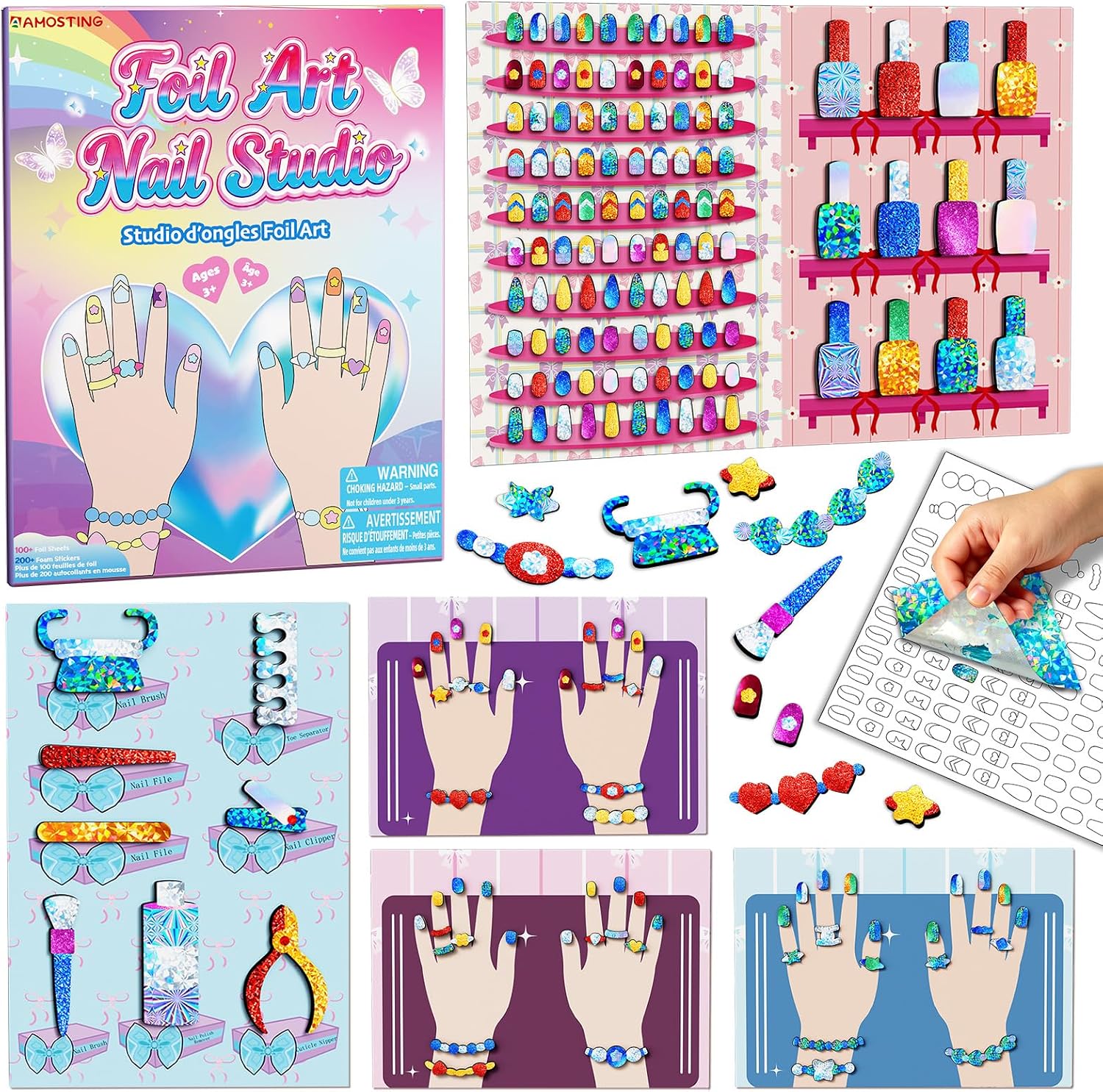 AMOSTING Foil Art Craft Kit for Girls Ages 4-9 | Nail Design Craft Activity with 100+ Foil Sheets & 190+ Foam Stickers, Create Sparkling Creations, Arts & Crafts Gift