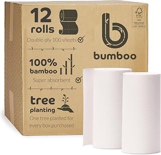 100% Bamboo Kitchen Rolls | Pack of 12 Rolls (2-Ply) | Multipurpose, Plastic-Free, Eco-Friendly, Super Absorbent, Strong & Sustainable