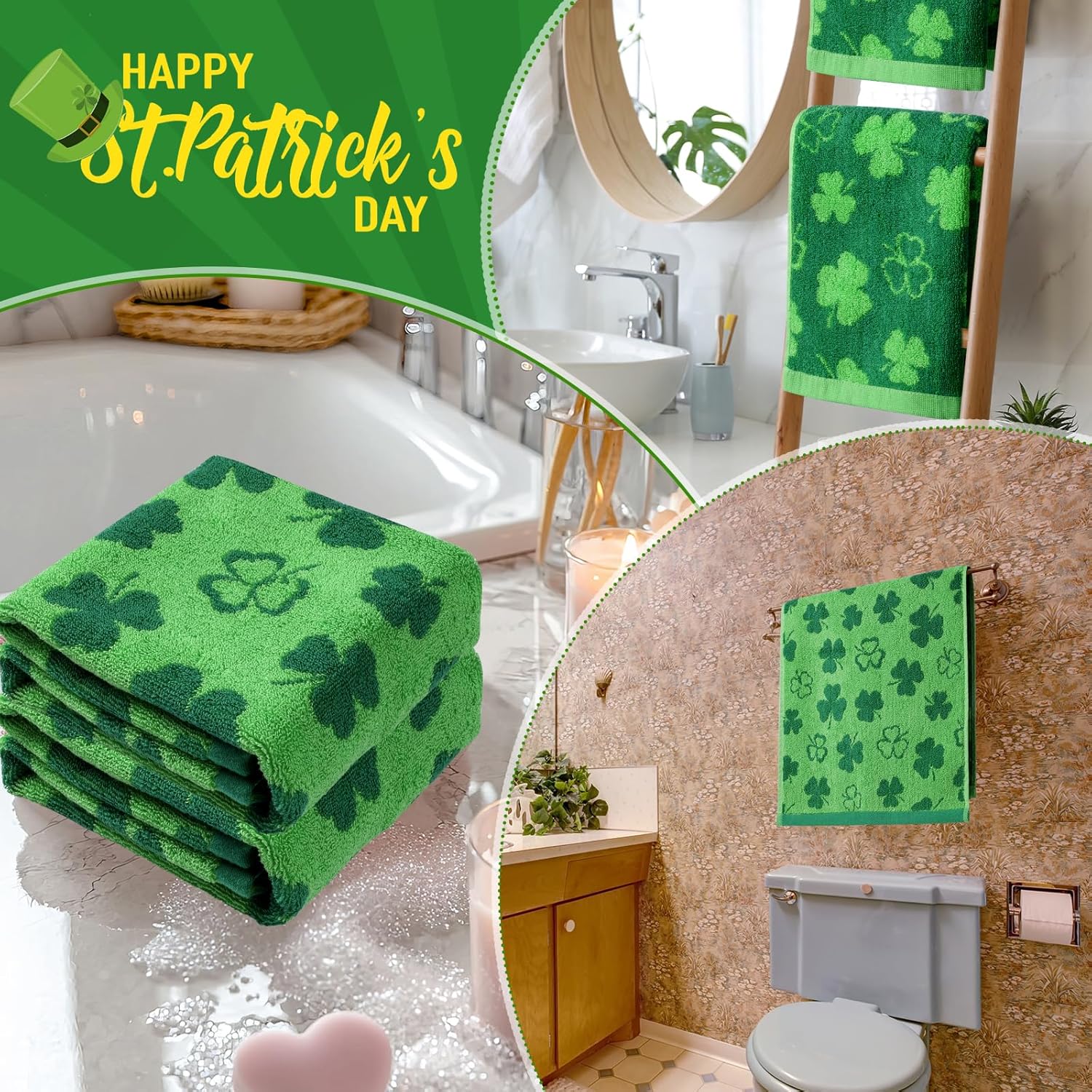 Hallswl 3pcs St. Patrick's Day Hand Towels Green Shamrock Jacquard Towel for Bath Irish Clover Cotton Soft Bathroom Kitchen Decorative Set for St. Patrick's Day Holiday Decor Gift,14 x 29 Inch - Image 8