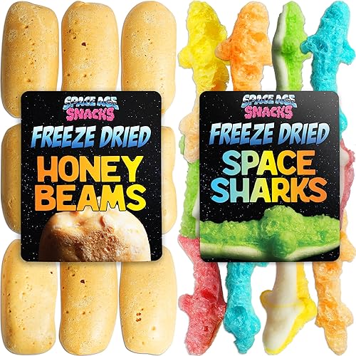 Paquete variado de dulces liofilizados con 2 tipos de dulces liofilizados, vigas de miel (3.5 onzas) y tiburones espaciales (2 onzas) enviados en
