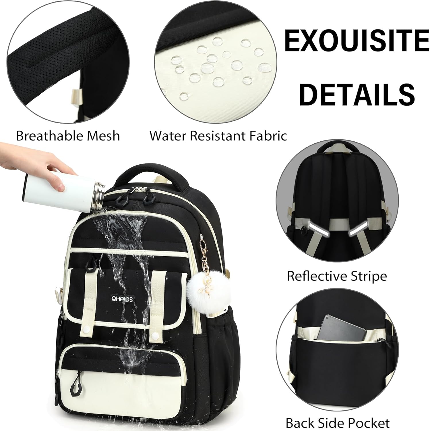 School Backpack for Girls, Laptop Backpack 15.6 Inch Kids Elementary Middle High School Bag Anti Theft Cute College Bookbags for Teens Girls Women Students Casual Travel Daypack,Black Beige - Image 4