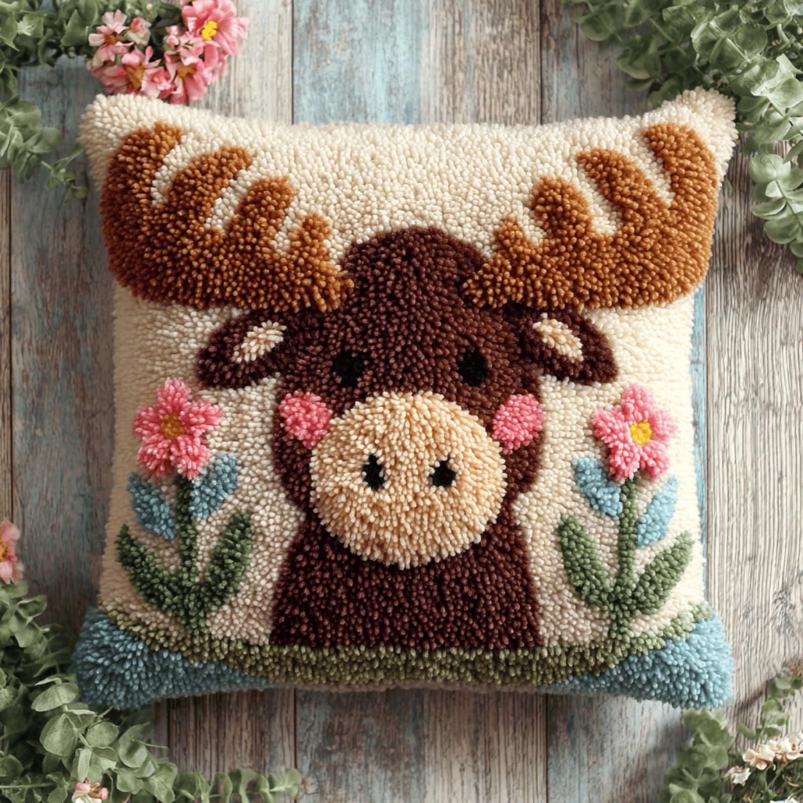 Kitphoenix Multicoloured Pre-Printed Latch Hook Cushion Kit Moose