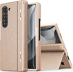 Capa para Samsung Galaxy Z Fold 6, ajuste fino com suporte, proteção de dobradiça e protetor de tela frontal, capa protetora robusta rígida de 360° para Samsung Z Fold 6 5g 2024, dourada