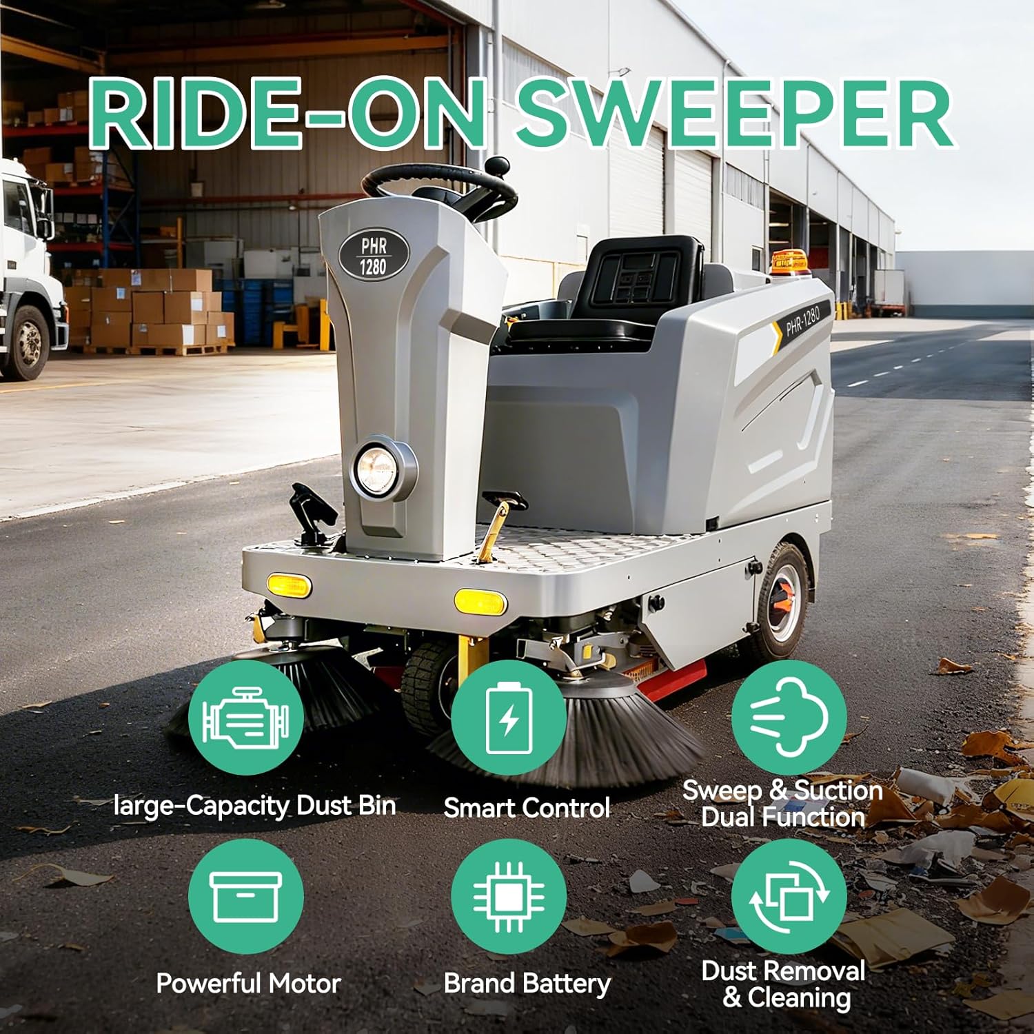 Ride-on Floor Sweeper Machine 92,600 Sq ft/h Efficiency 26.5 Gal Dustbin, 51" Brush Width Industrial Cleaning Machine,800W Brushless Motor, Grey