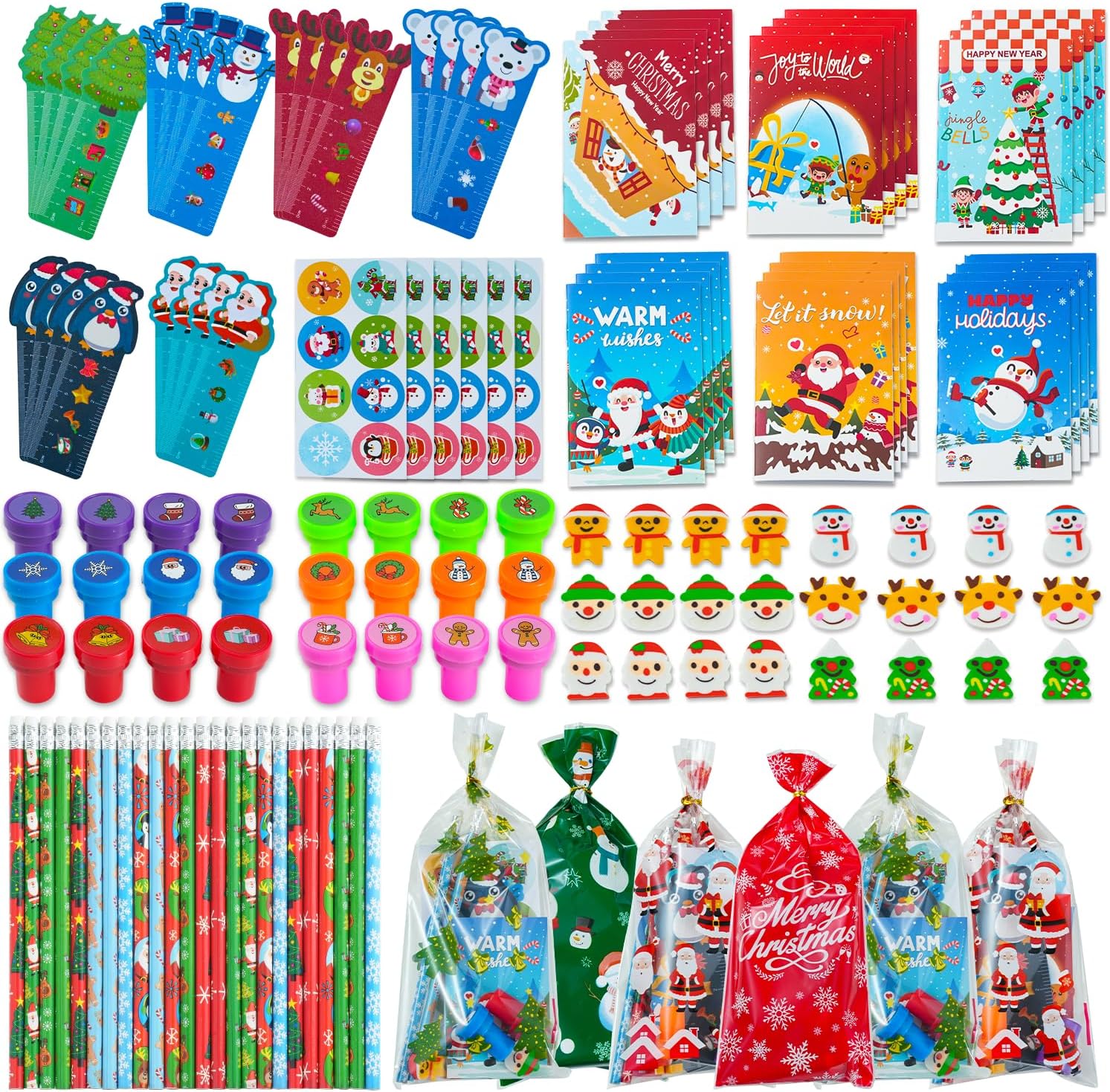 Budbof 168 Pcs Christmas Party Favors Kit for Kids, 24-Notebook Stationery Set