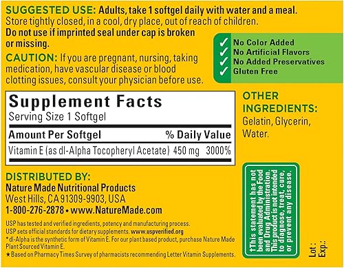 Miniatura 4 de Nature Made Vitamina E 450 mg 1000 UI cápsulas blandas dl-Alpha 60 unidades para apoyo antioxidante