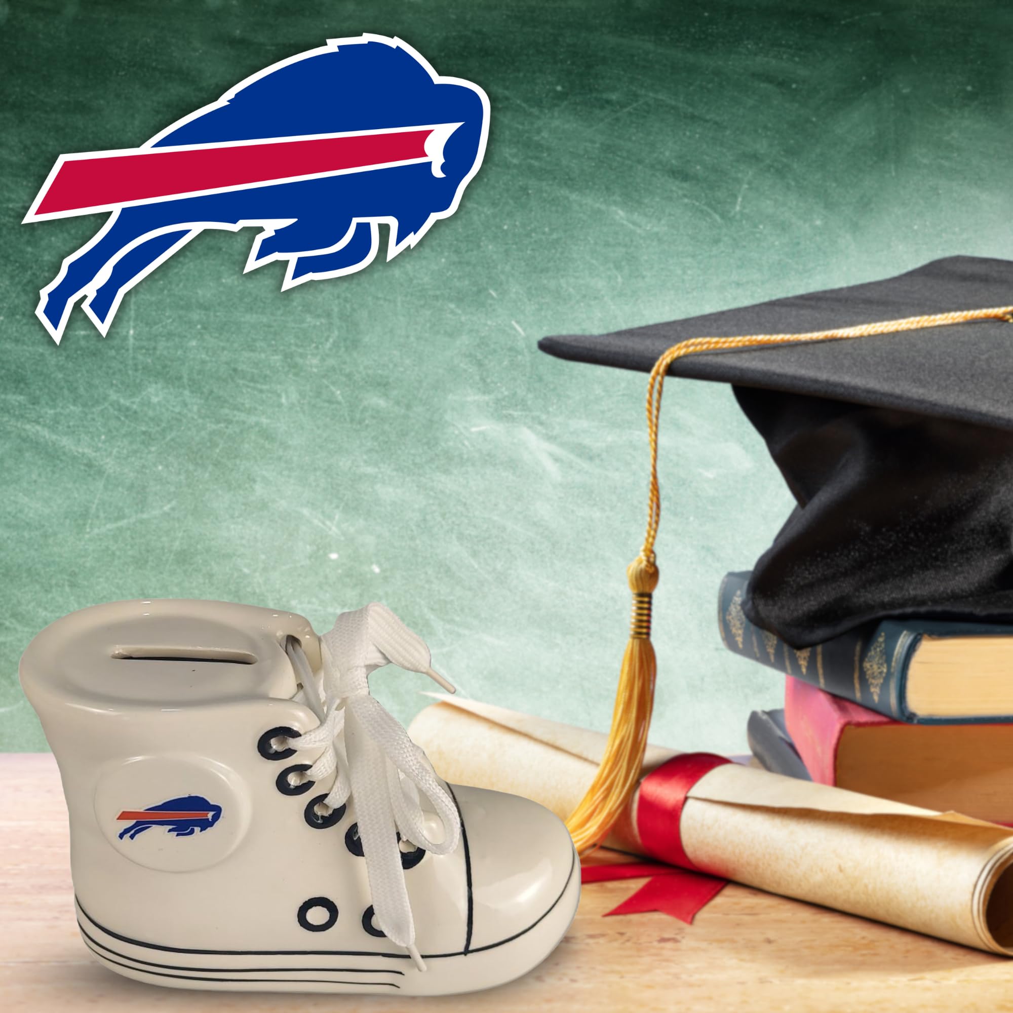 Buffalo Bills Ceramic Shoe Piggy Bank by Game Day Outfitters | Ideal Gift for New Parents | Officially Licensed Nursery Keepsake | Removable Rubber Stopper