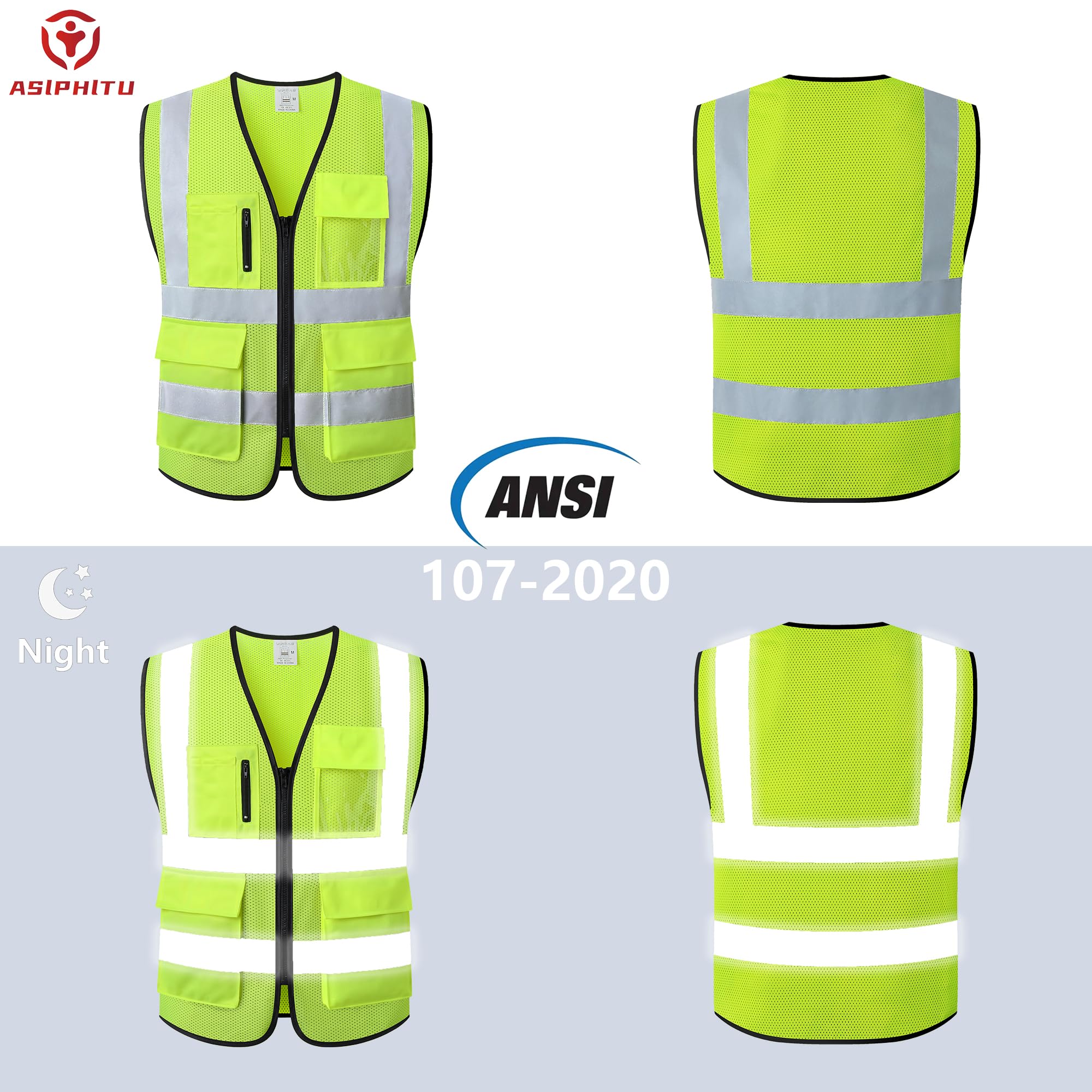 Chaleco de seguridad reflectante para hombres y mujeres con bolsillos y cierre frontal, cumple con las normas ANSI/ISEA