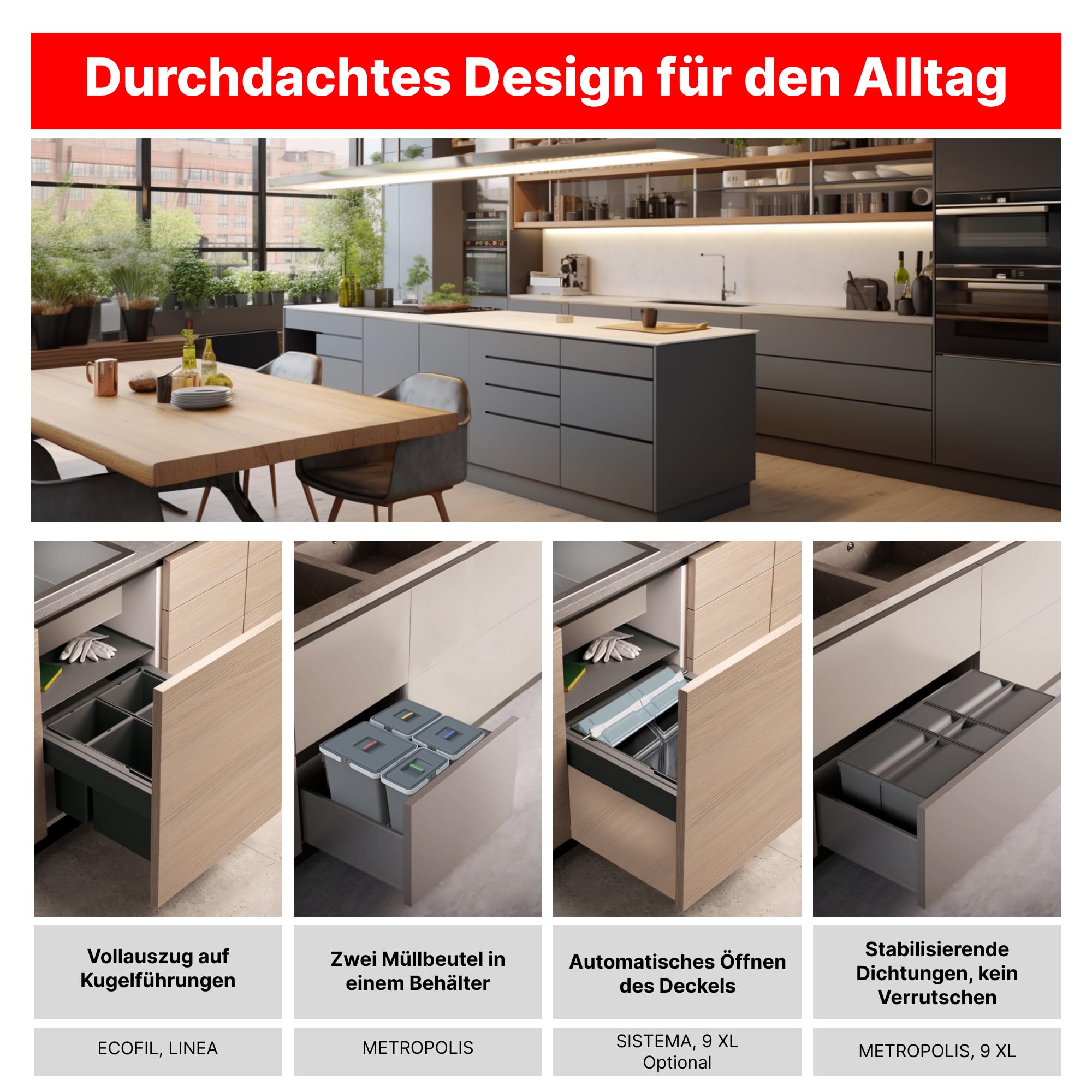 Mülltrennsystem LINEA 560 für 45 cm Spülenunterschrank - Mülleimer Küche Unterschrank (2x 17L), Abfalleimer Küche, Mülleimer 2 Fächer, Einbaumülleimer, Doppelmülleimer, Anthrazit