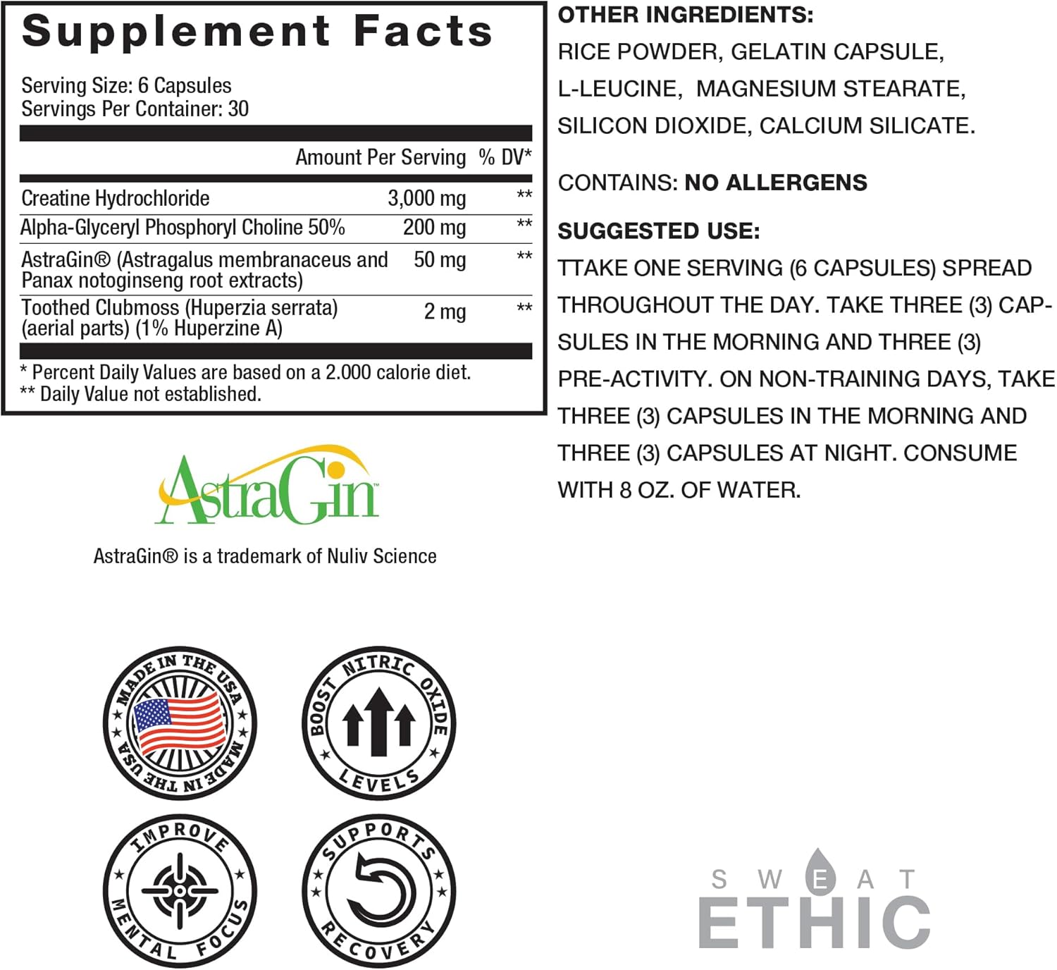 Sweat Ethic Create’d Creatine and Adaptogens, Daily Support Formula with Creatine HCL, Alpha GPC, and AstraGin, Nootropic and Fitness Supplement for Focus and Performance for Men and Women, 180 Count
