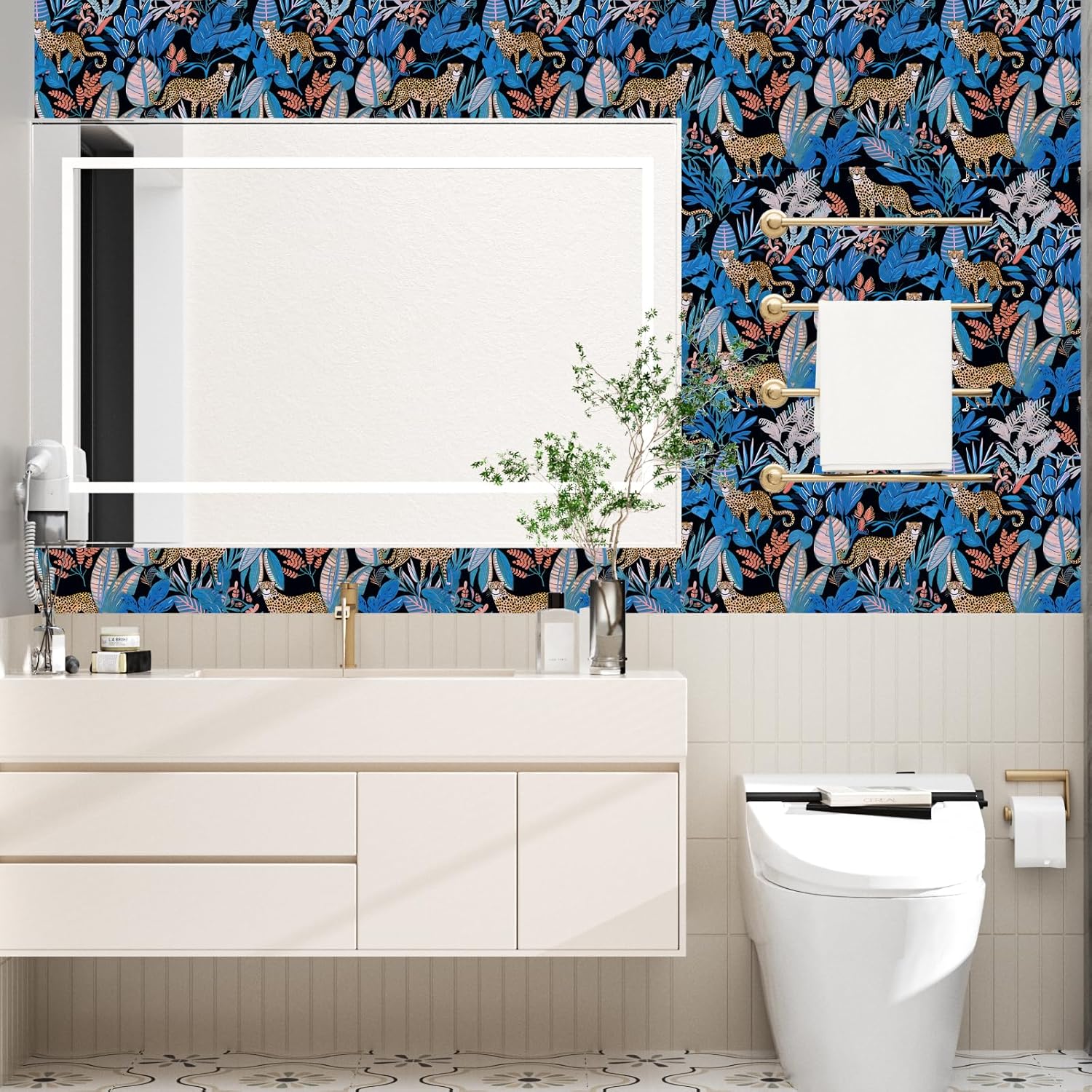 Modern Boho Wallpaper Peel and Stict,Dark Vintage Cheetah 17.5"x 393"Contact Paper,Blue Western Jungle Wall Paper for Bathroom Bedroom Cabinet Countertop Vinyl Waterproof Removable