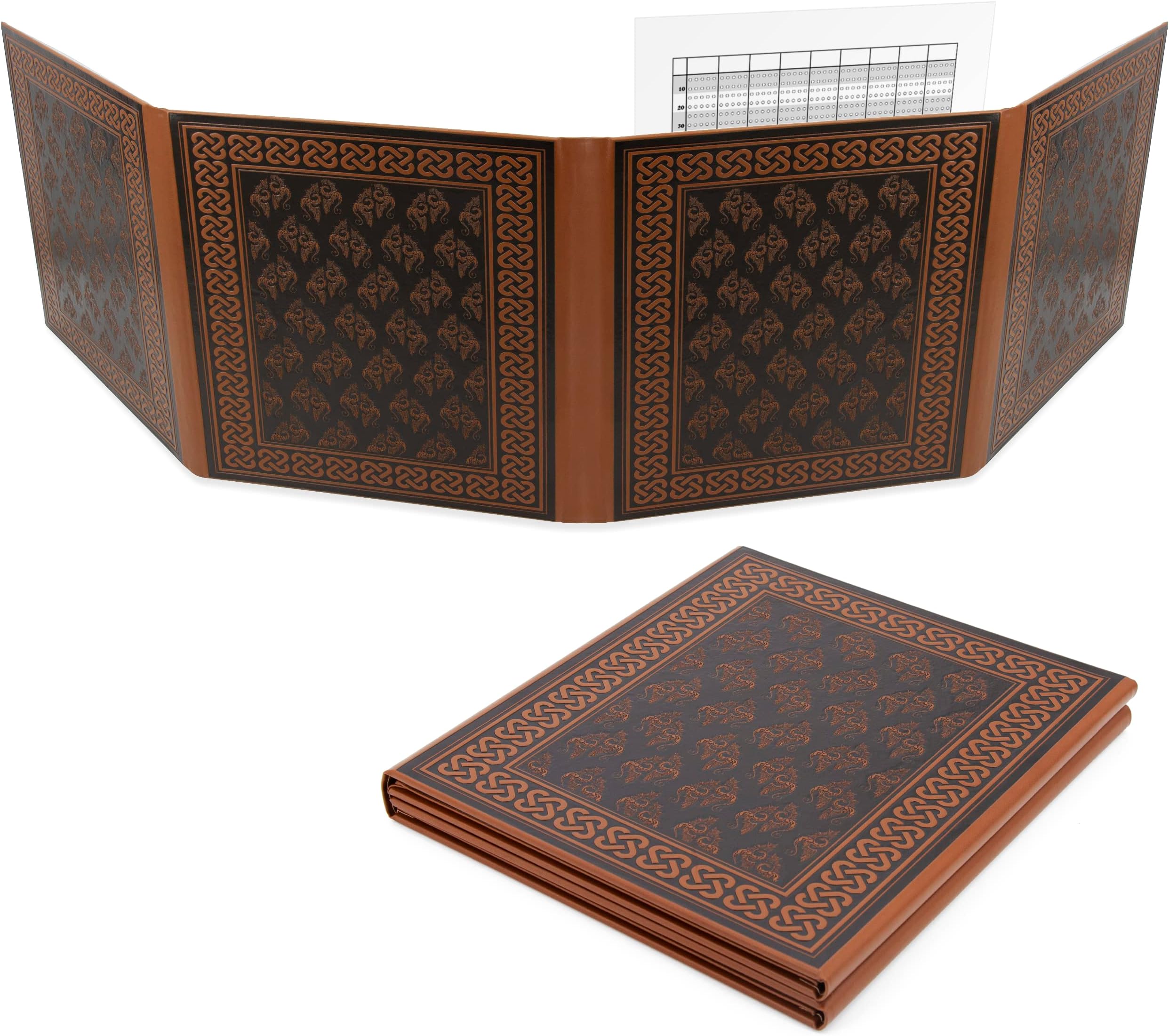4-Panel DM Screen – Faux Leather Embossed GM Screen for Tabletop RPGs, Folding Dungeon Master Screen with Wet-Erase Transparent Pockets for TTRPGs (Inserts Not Included)
