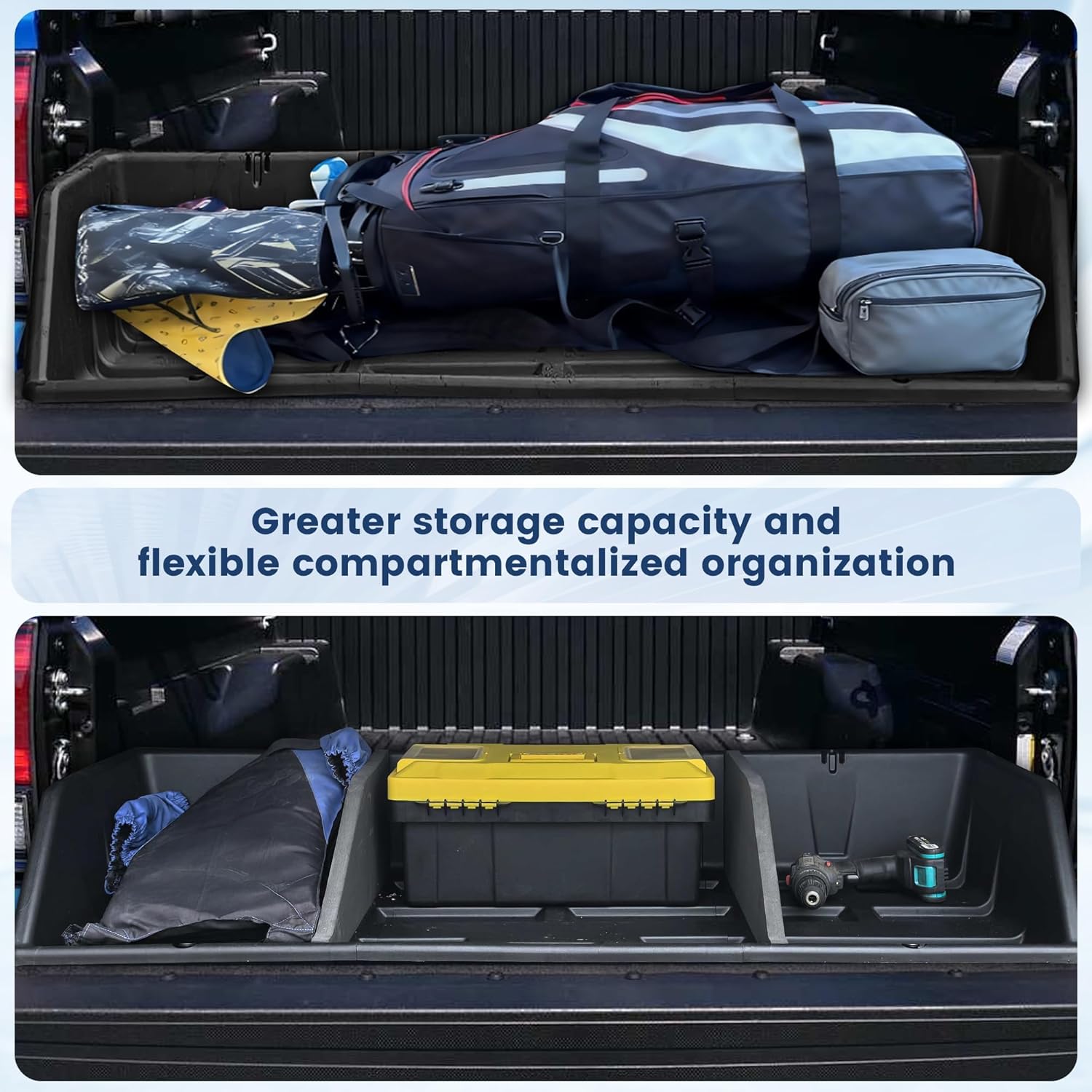 Full-Size Pickup Truck Cargo Box Organizer, Tail Box Storage Box Compatible with Truck Bed, Divider Truck Organizer with Net and Rain Cover, Black (56 inch)