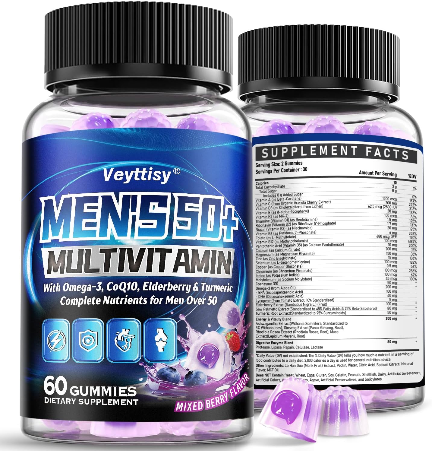 Sugar Free Multivitamin Gummies for Men 50 Plus - Methylated Multivitamin with Omega-3, CoQ10, Elderberry & Turmeric for Energy, Immune, Gut, Health Support - Vegan, Non-GMO, Gluten-Free