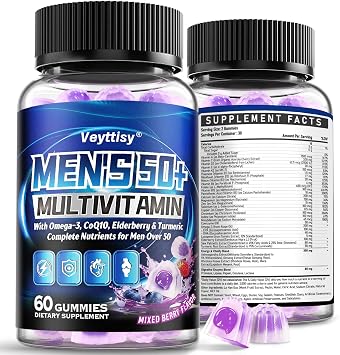 Sugar Free Multivitamin Gummies for Men 50 plus - Methylated Multivitamin | with Omega-3, CoQ10, Elderberry & Turmeric - Gentle on The Stomach, Vegan, Non-GMO, Gluten-Free, 60 Gummies