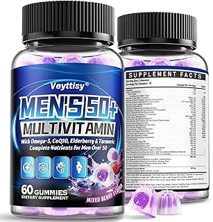 Sugar Free Multivitamin Gummies for Men 50 Plus - Methylated Multivitamin with Omega-3, CoQ10, Elderberry & Turmeric for Energy, Immune, Gut, Health Support - Vegan, Non-GMO, Gluten-Free