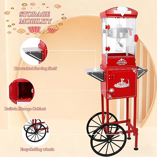 Miniatura 7 de Máquina de palomitas de maíz de 10 onzas con carrito, palomitas de maíz hace hasta 40 tazas, máquina de maíz estilo cine vintage con suministros