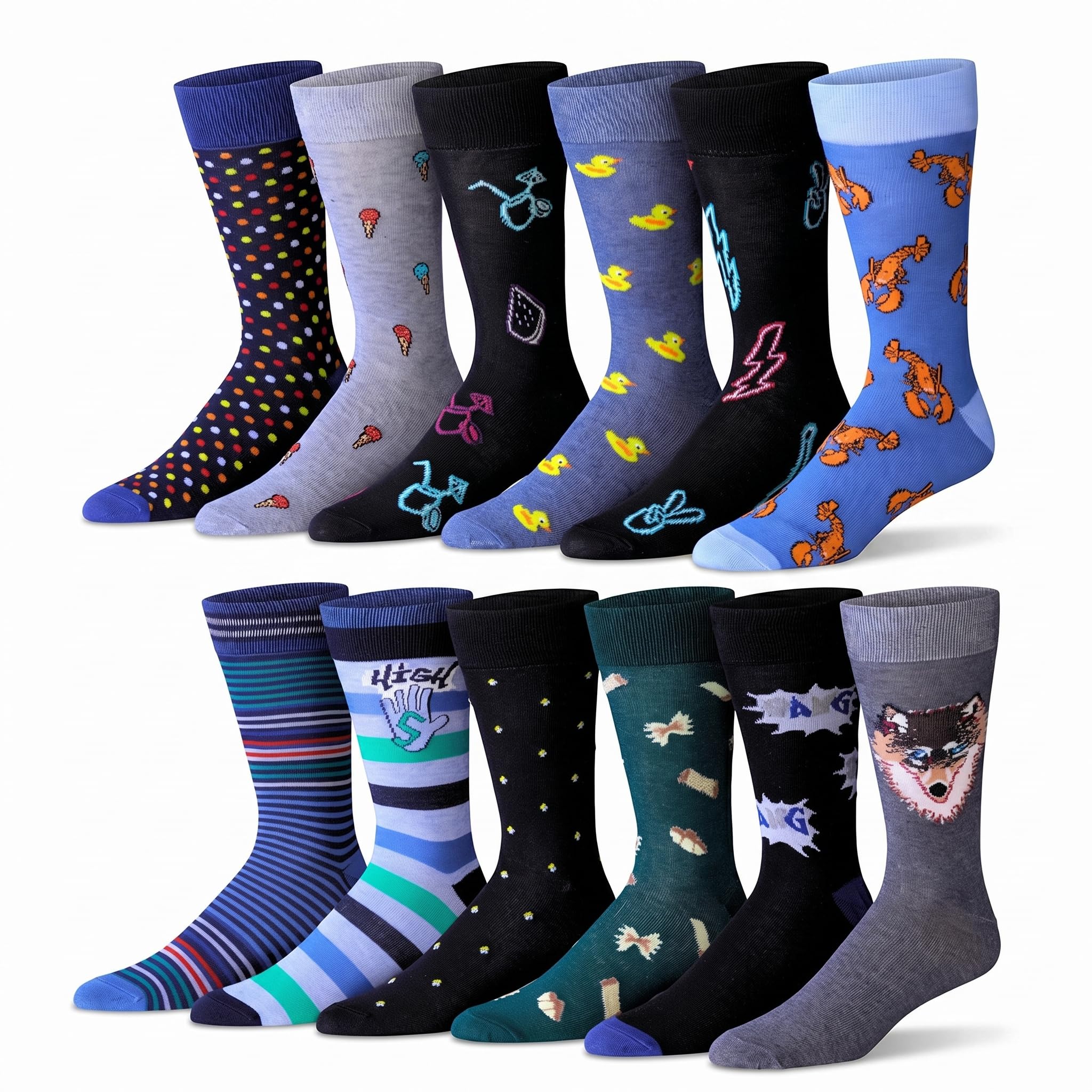 JAMES FIALLO Dress Socks for Men, Men's Casual Fashion Patterned 12-Pairs Creative Neon Striped Funny Funky Crazy Novelty Colorful Animal Patterned Dress Socks, M204-T1