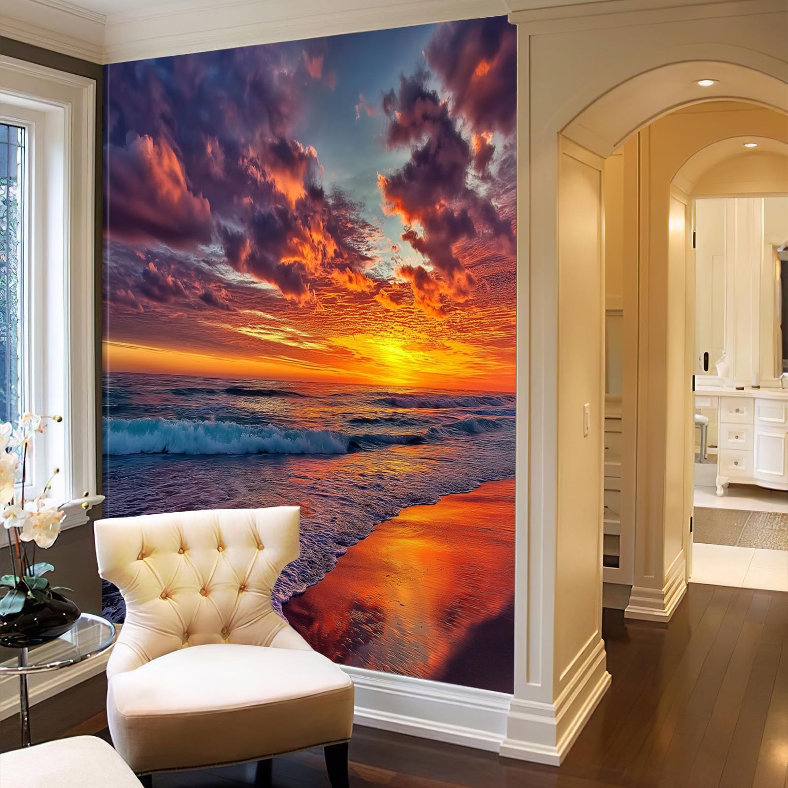 Murale da Parete 3D Paesaggio Del Tramonto Carta da Parati Fotografica,Blu Arancione Murale da Parete in Tessuto seta Poster Decorativo Tramonto Sul Mare Design 350×256cm per Soggiorno