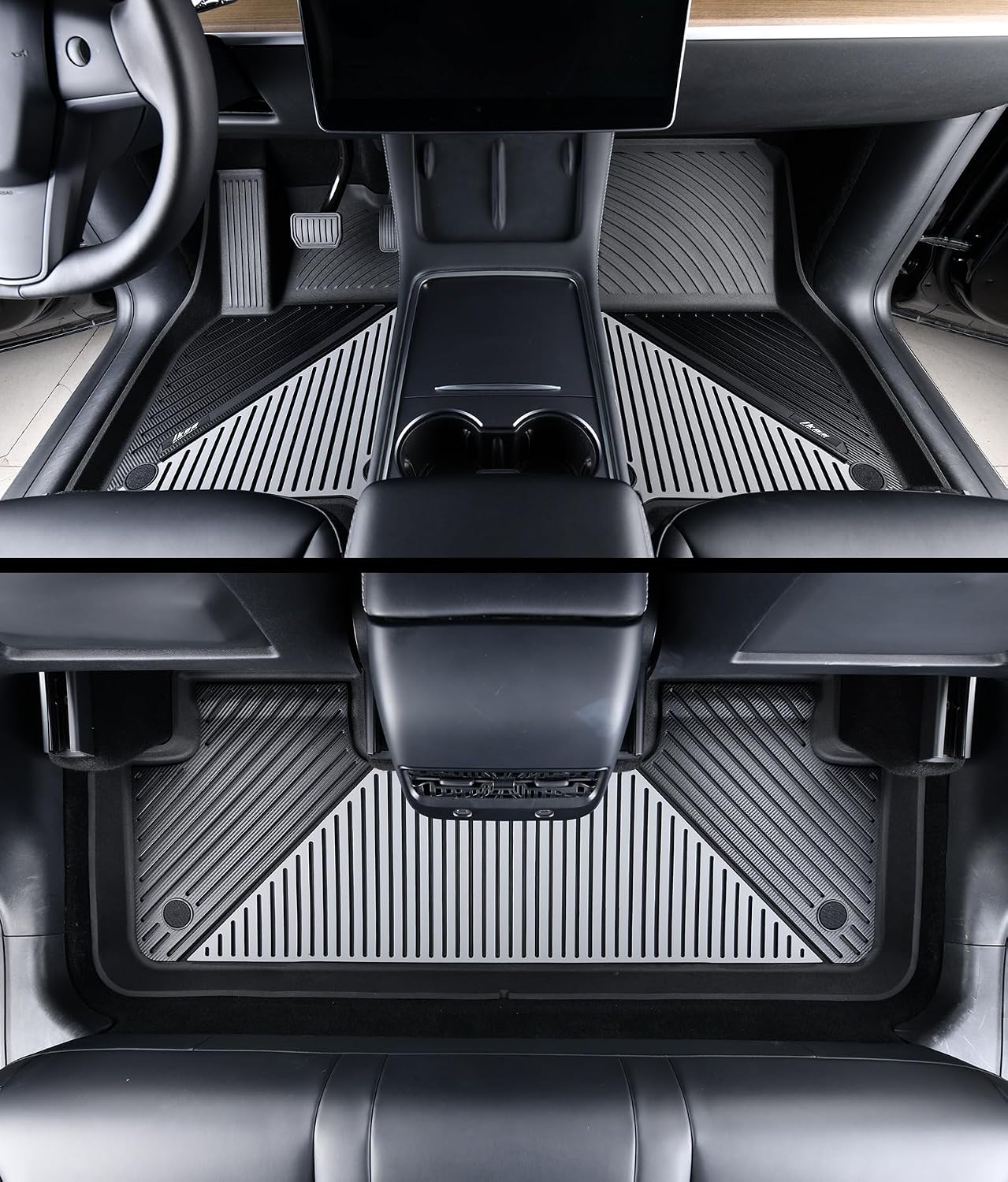 IKON MOTORSPORTS 3D TPE Floor Mats, Compatible with 2020-2024 Tesla Model Y, All Weather Waterproof Non-Slip Floor Liners, Front & 2nd Row Full Set Car Interior Accessories, Black & Gray