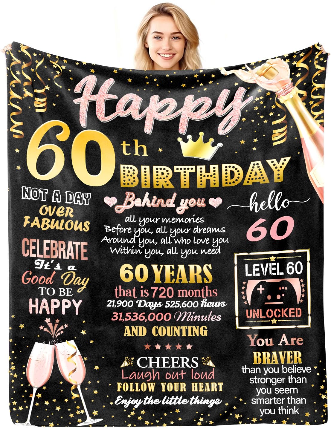 ACAATVE 60th Birthday Blanket Gifts for Women 150 x 130 cm Black Pink
