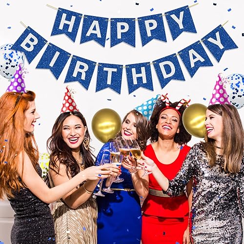 Miniatura 6 de Cartel azul de feliz cumpleaños con letras brillantes de 98 pulgadas con purpurina preencordada para niños, niños, hombres, decoración de cumpleaños