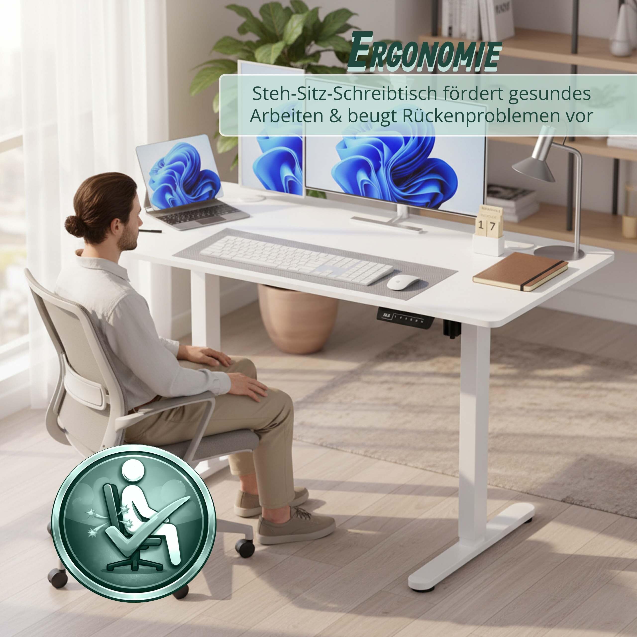Relaxdays höhenverstellbarer Schreibtisch, elektrisch, Stehtisch Display, HBT: 120x120x60 cm, Metall, Holzoptik, weiß